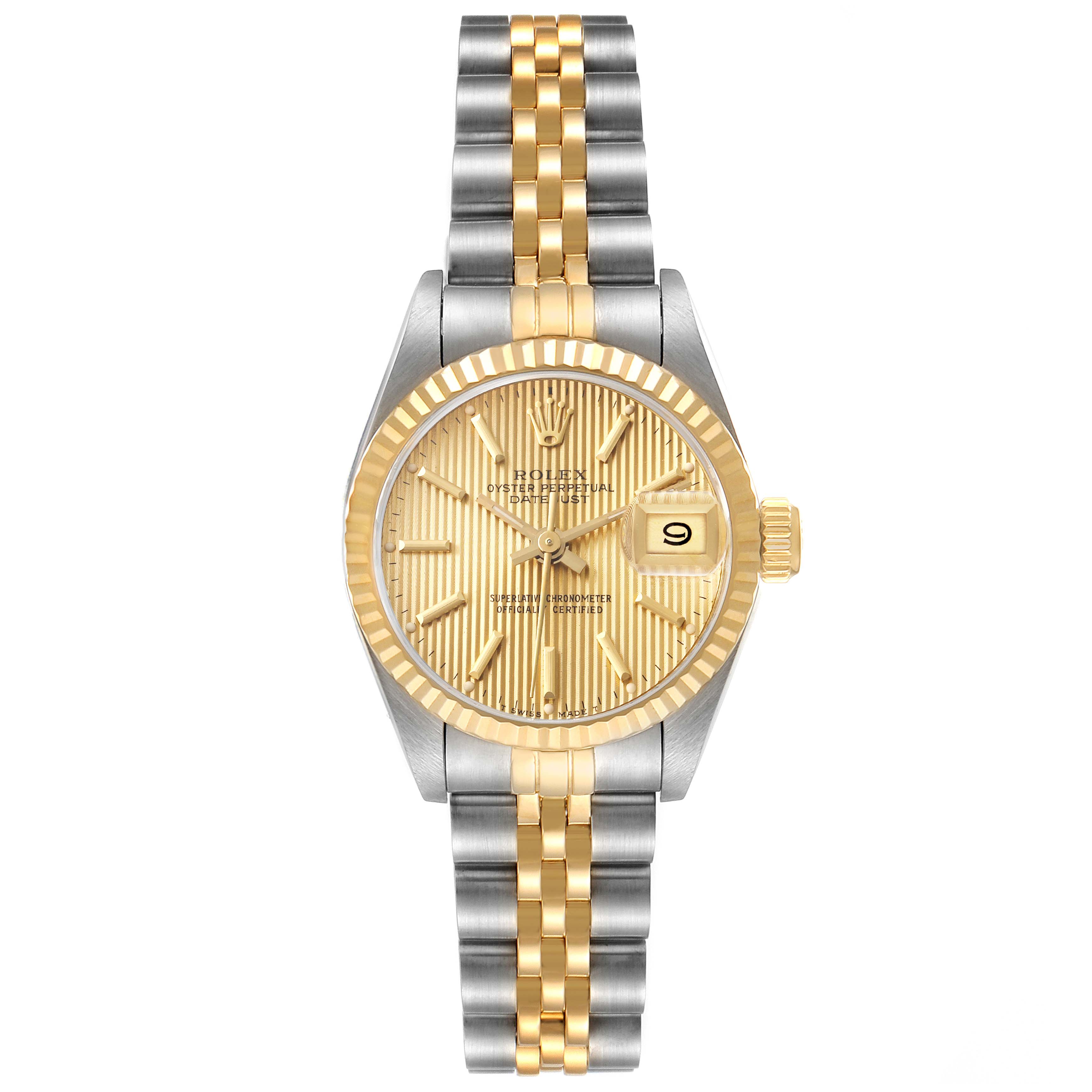 The image shows a front view of a Rolex Datejust 69173 Women's Steel and Gold (two tone) Champagne Dial 69173 Women's Steel and Gold (two tone) Champagne Dial watch with a two-tone gold and silver band and a gold face.