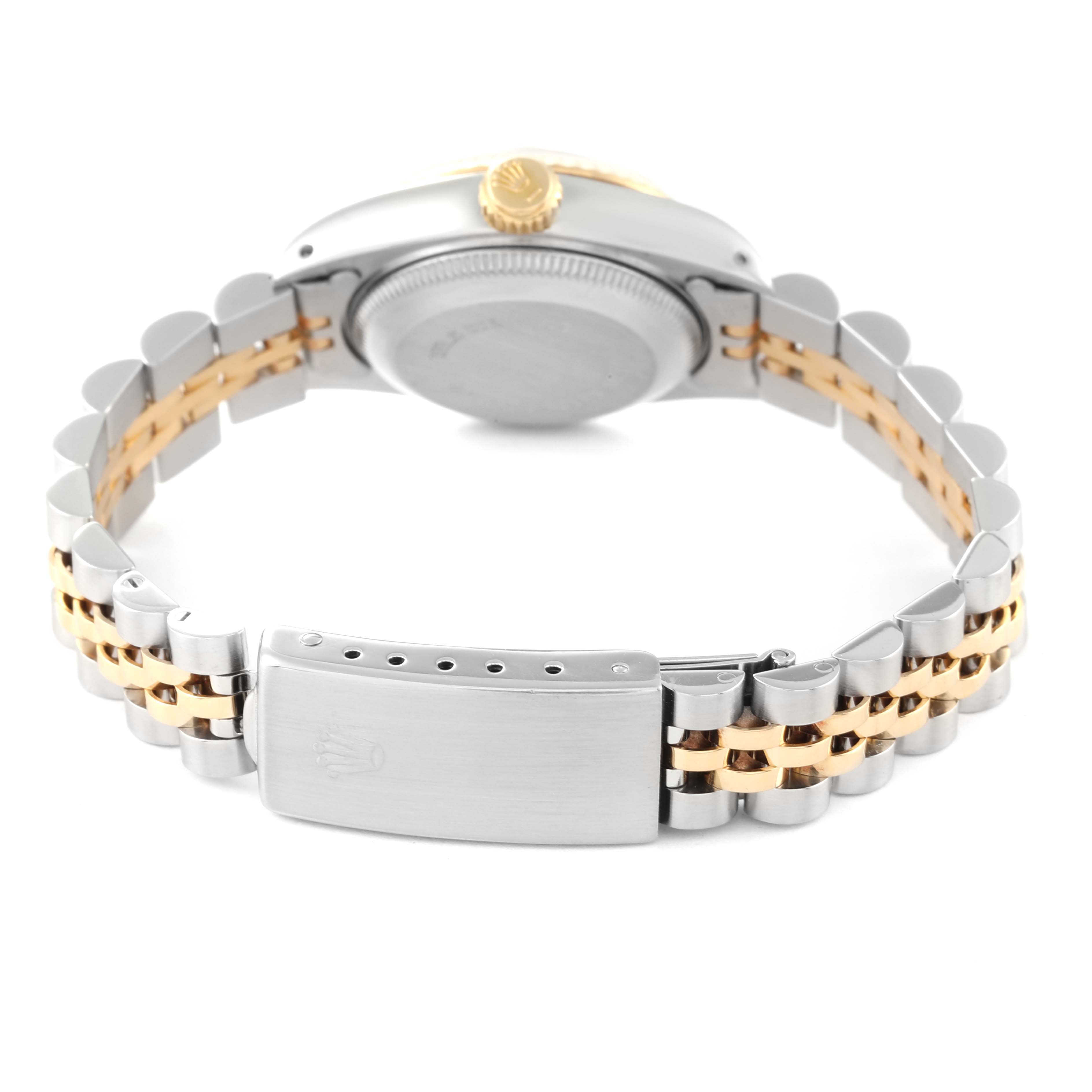 The image shows the back side of a Rolex Datejust 69173 Women's Steel and Gold (two tone) Champagne Dial 69173 Women's Steel and Gold (two tone) Champagne Dial watch, focusing on its two-tone bracelet and clasp.