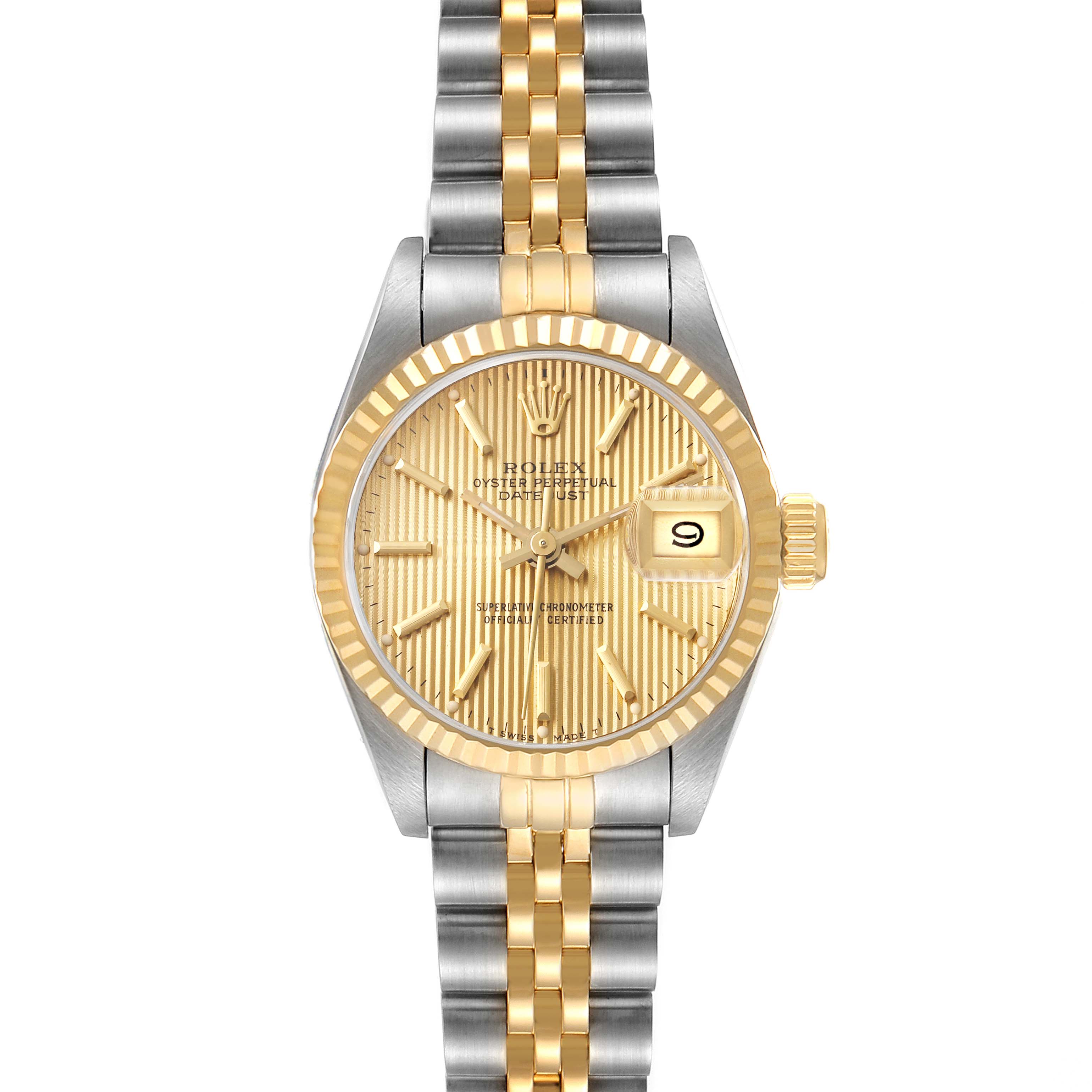 This image shows a frontal view of a Rolex Datejust 69173 Women's Steel and Gold (two tone) Champagne Dial 69173 Women's Steel and Gold (two tone) Champagne Dial watch, featuring a two-tone bracelet and a gold dial with the date at 3 o'clock.