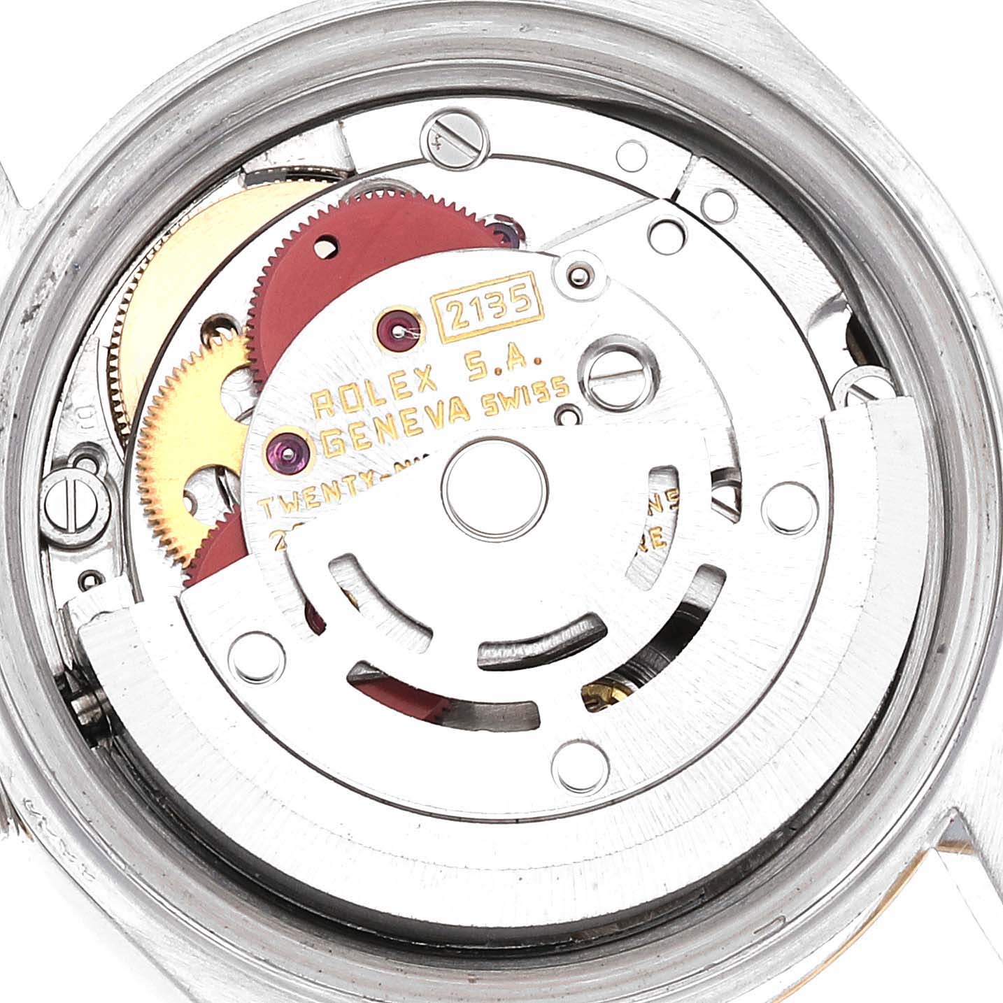 This image shows the movement mechanism of a Rolex Datejust 69173 Women's Steel and Gold (two tone) Champagne Dial 69173 Women's Steel and Gold (two tone) Champagne Dial watch, viewed from the back with the case removed.