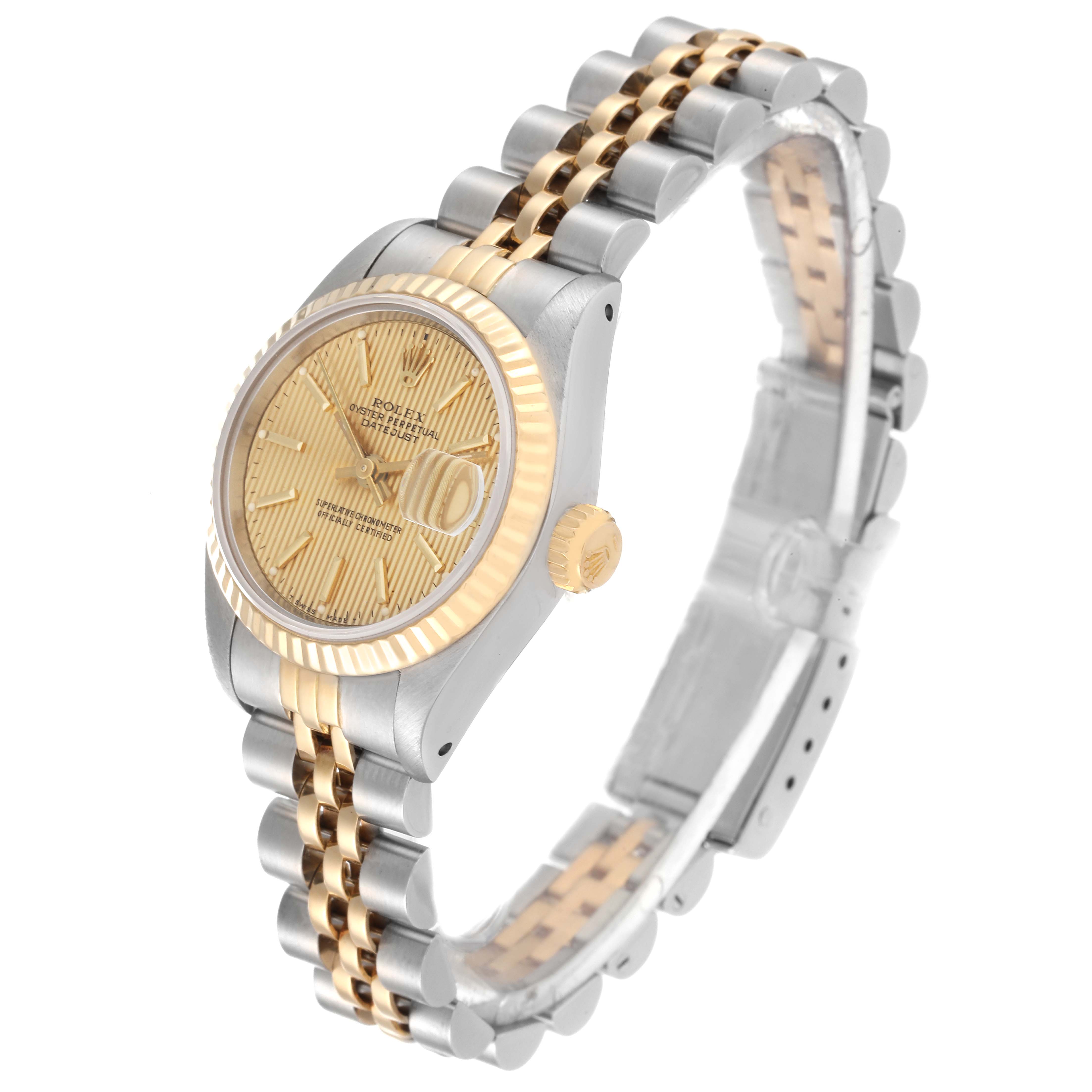 The Rolex Datejust 69173 Women's Steel and Gold (two tone) Champagne Dial 69173 Women's Steel and Gold (two tone) Champagne Dial watch is shown at an angled side view, highlighting its face and two-tone bracelet.