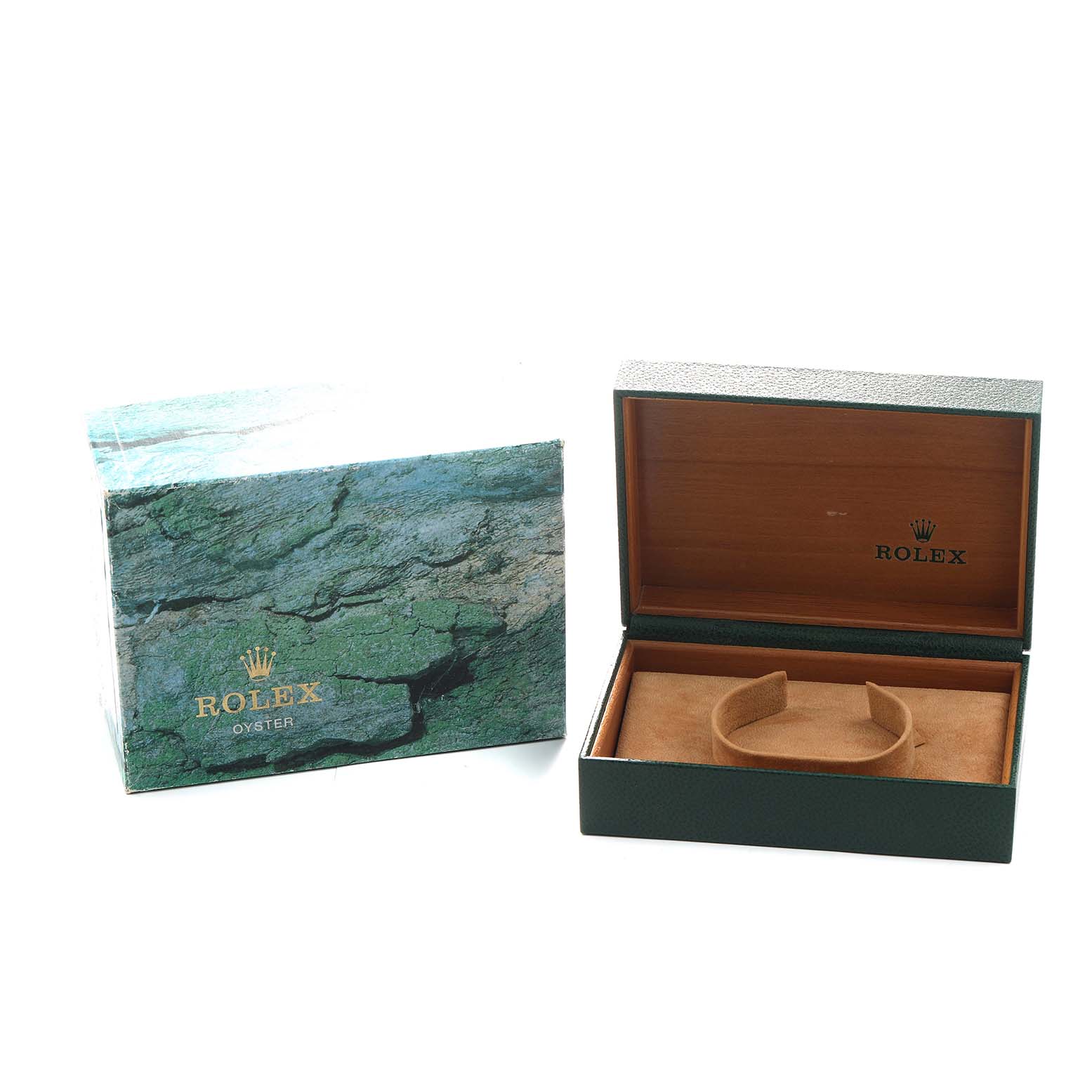 The image shows a Rolex Datejust 16233 Men's Steel and Gold (two tone) Beige Dial box set, including the outer box and opened inner case, without the watch.