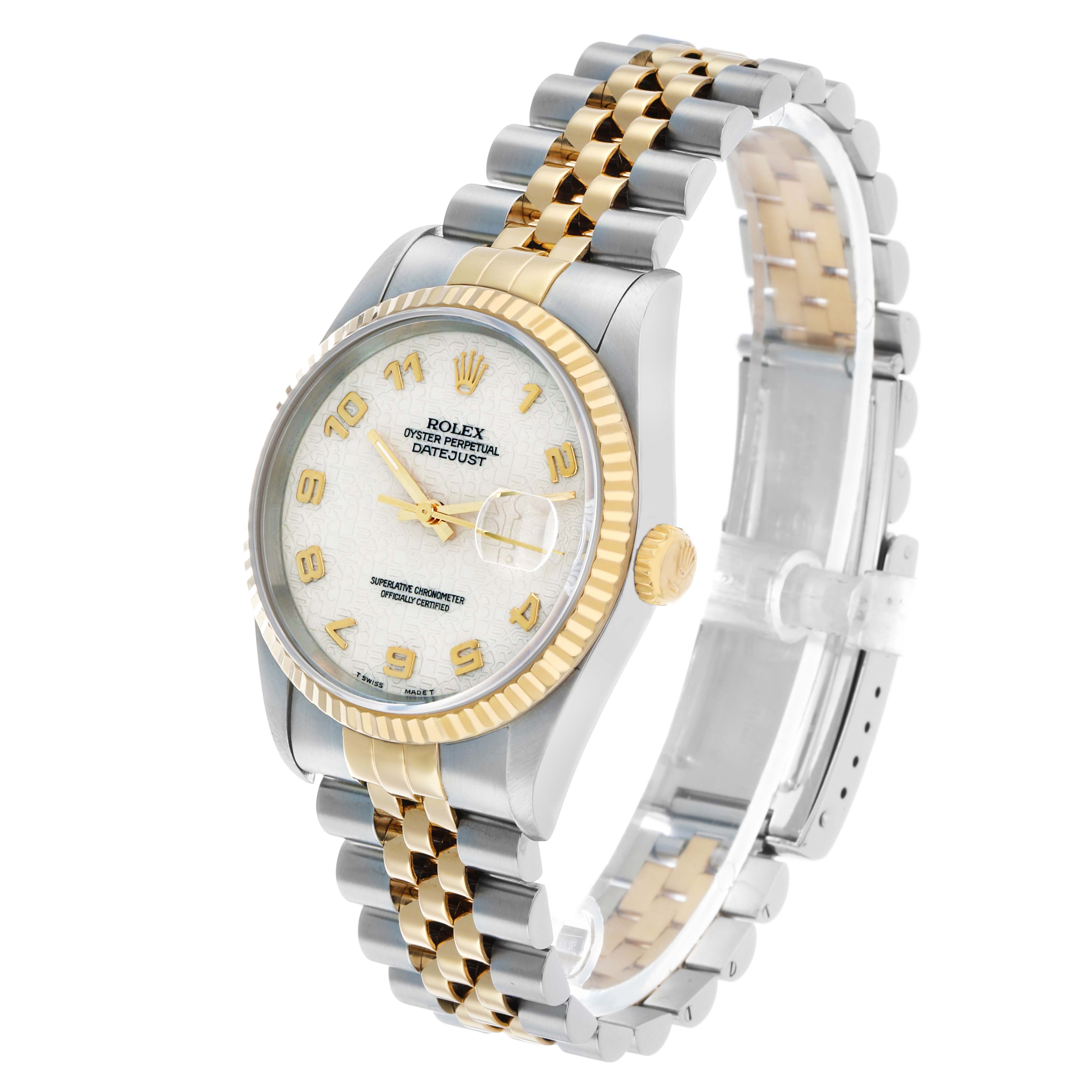 The Rolex Datejust 16233 Men's Steel and Gold (two tone) Beige Dial watch is shown at a three-quarter angle, displaying the face, bezel, crown, and Jubilee bracelet.