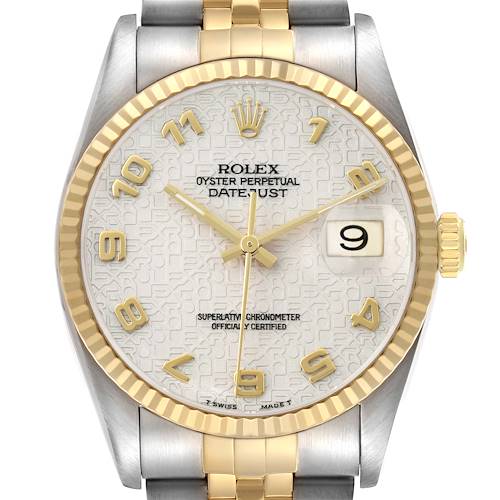 The Rolex Datejust 16233 Men's Steel and Gold (two tone) Beige Dial is shown from the front, highlighting the dial, bezel, hands, and partial bracelet.