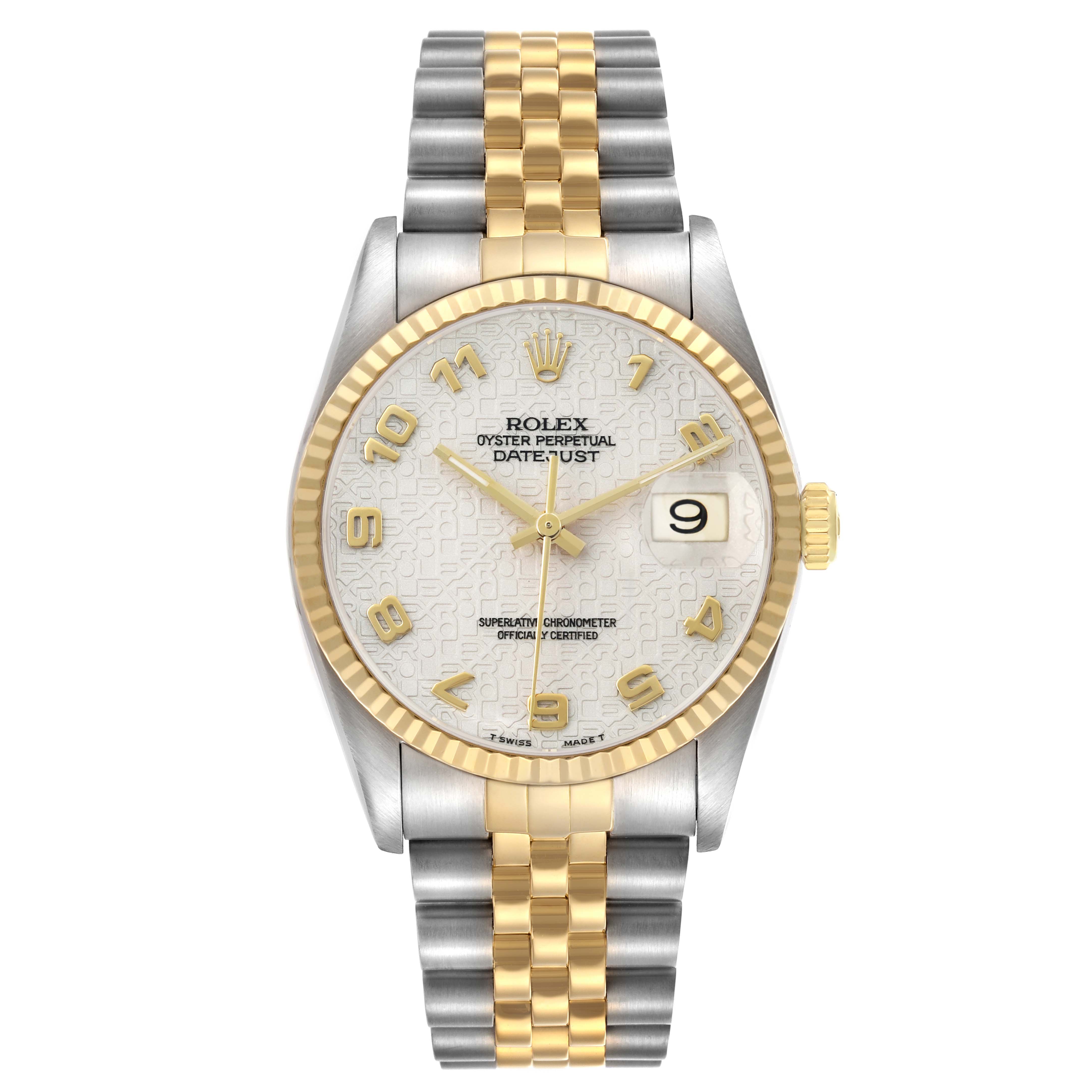 The Rolex Datejust 16233 Men's Steel and Gold (two tone) Beige Dial watch is shown from a front view, displaying its dial, bezel, and two-tone bracelet.