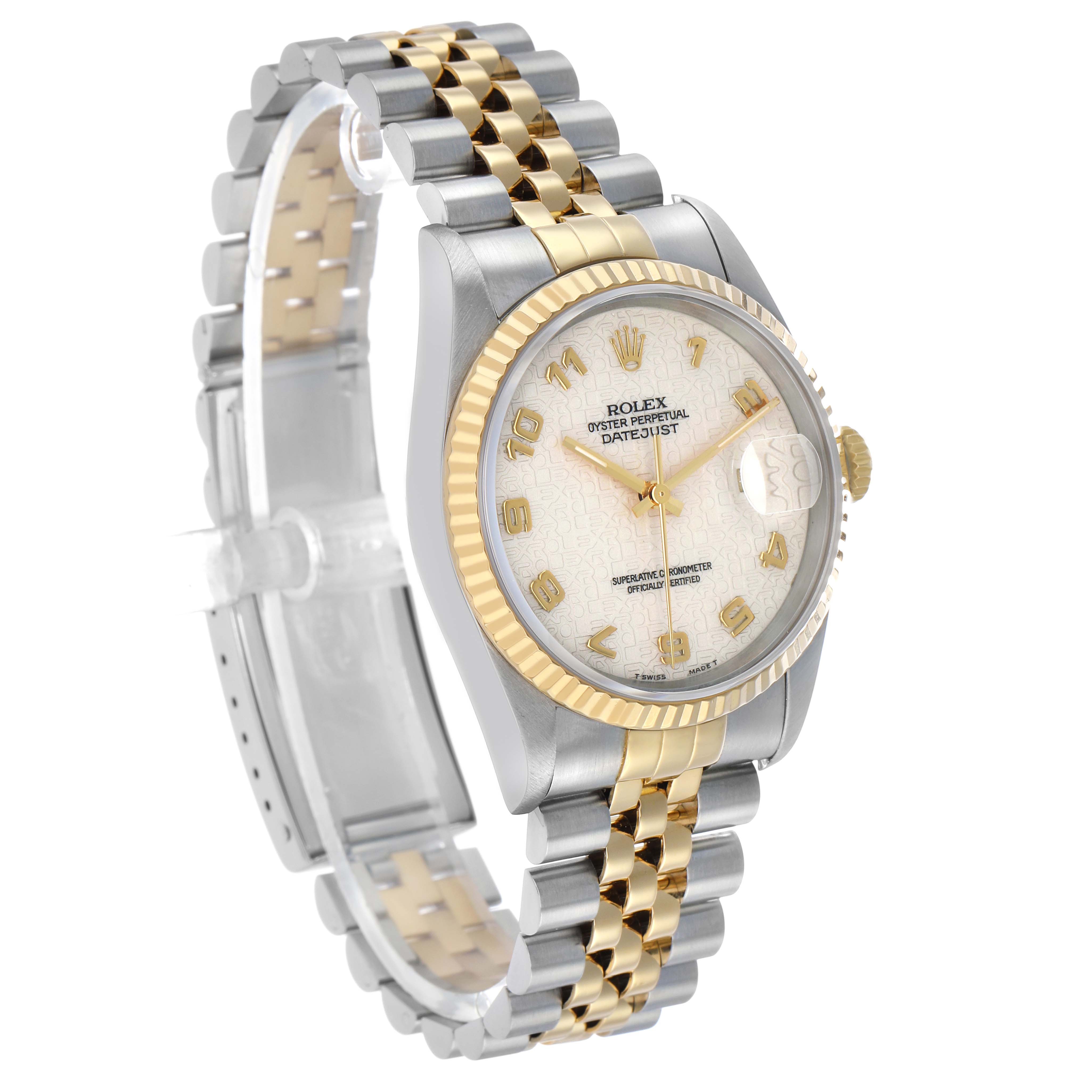 The Rolex Datejust 16233 Men's Steel and Gold (two tone) Beige Dial watch is shown at a three-quarter angle, highlighting the dial, bezel, bracelet, and crown.