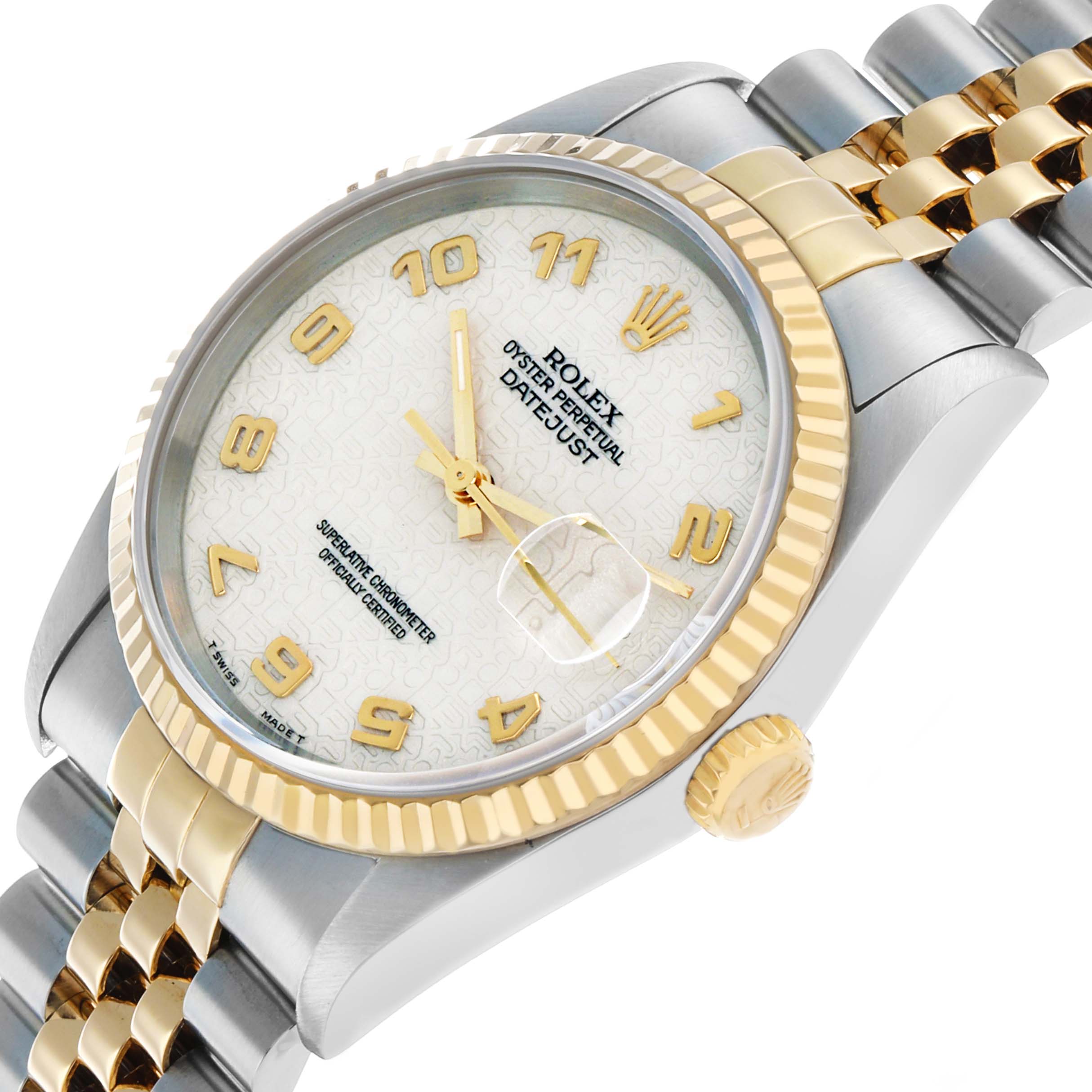 The image shows a Rolex Datejust 16233 Men's Steel and Gold (two tone) Beige Dial watch at a slight angle, highlighting the dial, bezel, crown, and part of the bracelet.