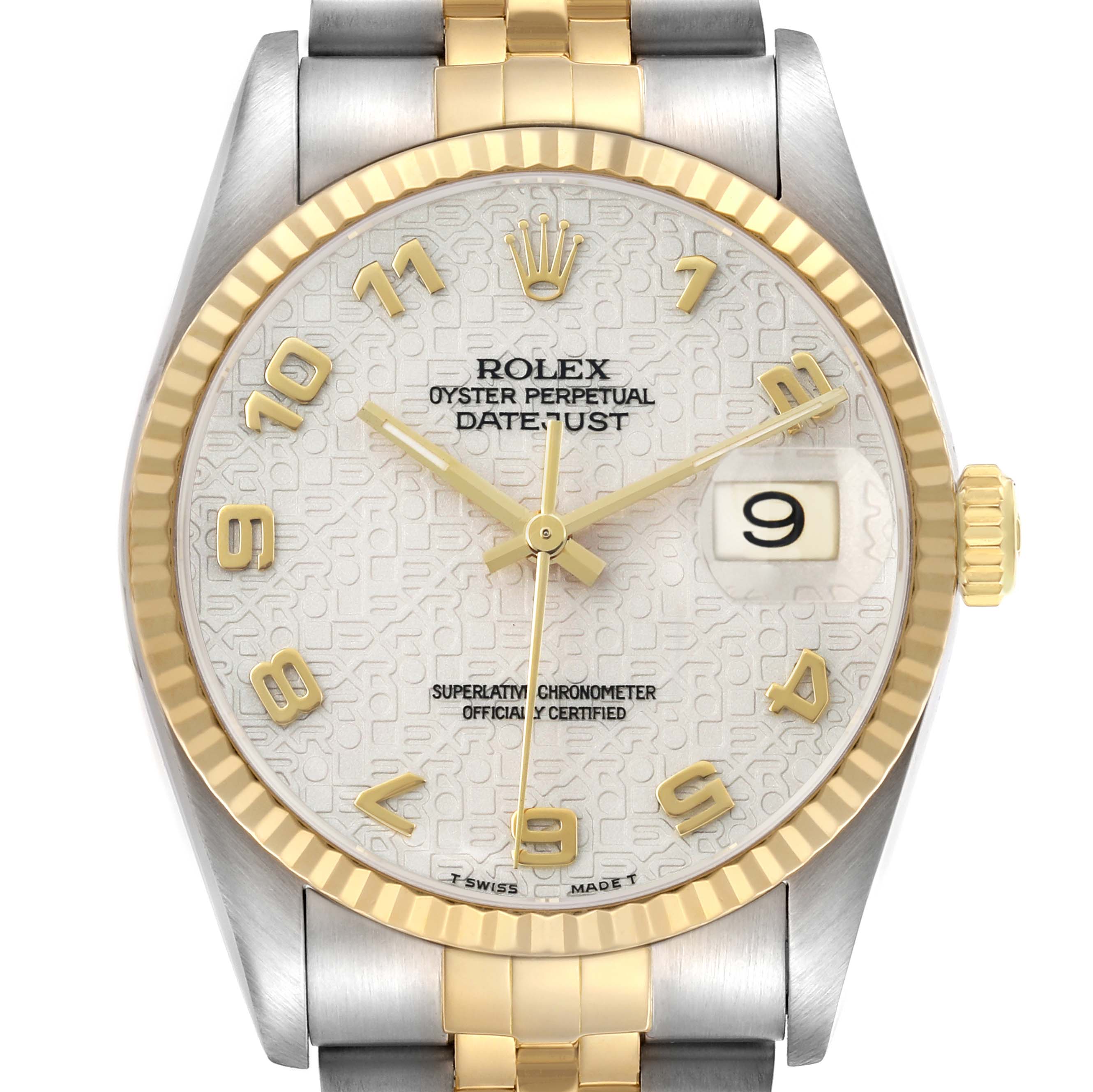 The Rolex Datejust 16233 Men's Steel and Gold (two tone) Beige Dial is shown from a front angle, highlighting the face, fluted bezel, and part of the two-tone bracelet.