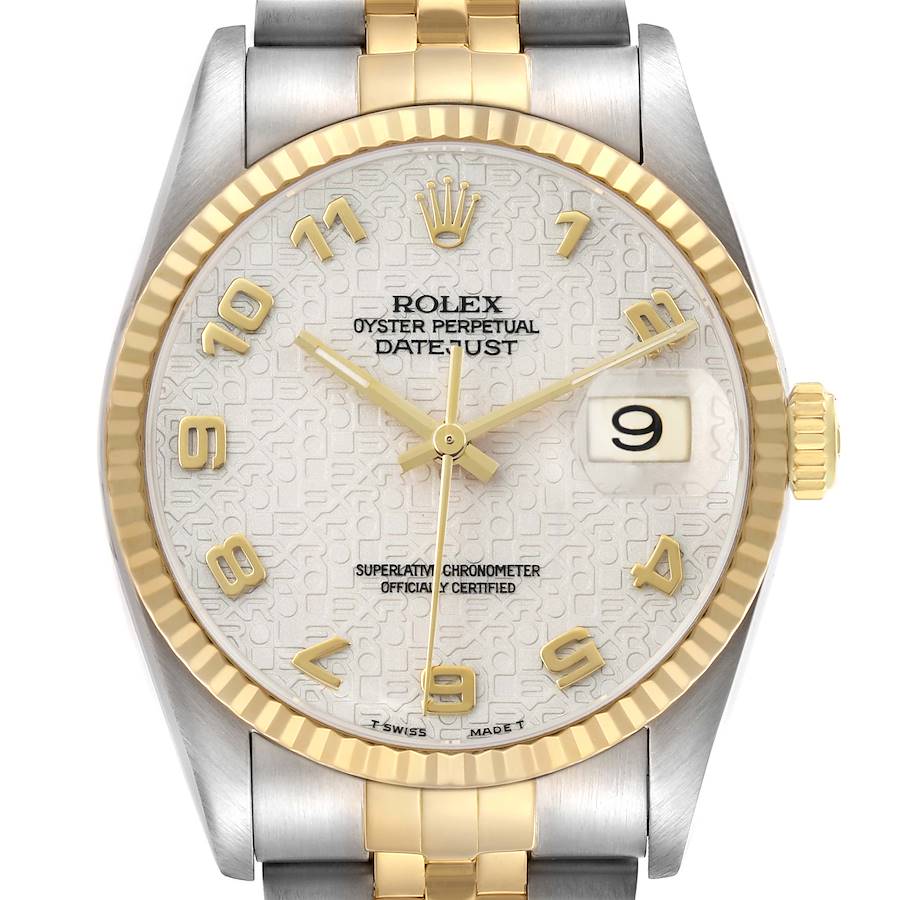 The Rolex Datejust 16233 Men's Steel and Gold (two tone) Beige Dial is shown from a front angle, highlighting the face, fluted bezel, and part of the two-tone bracelet.