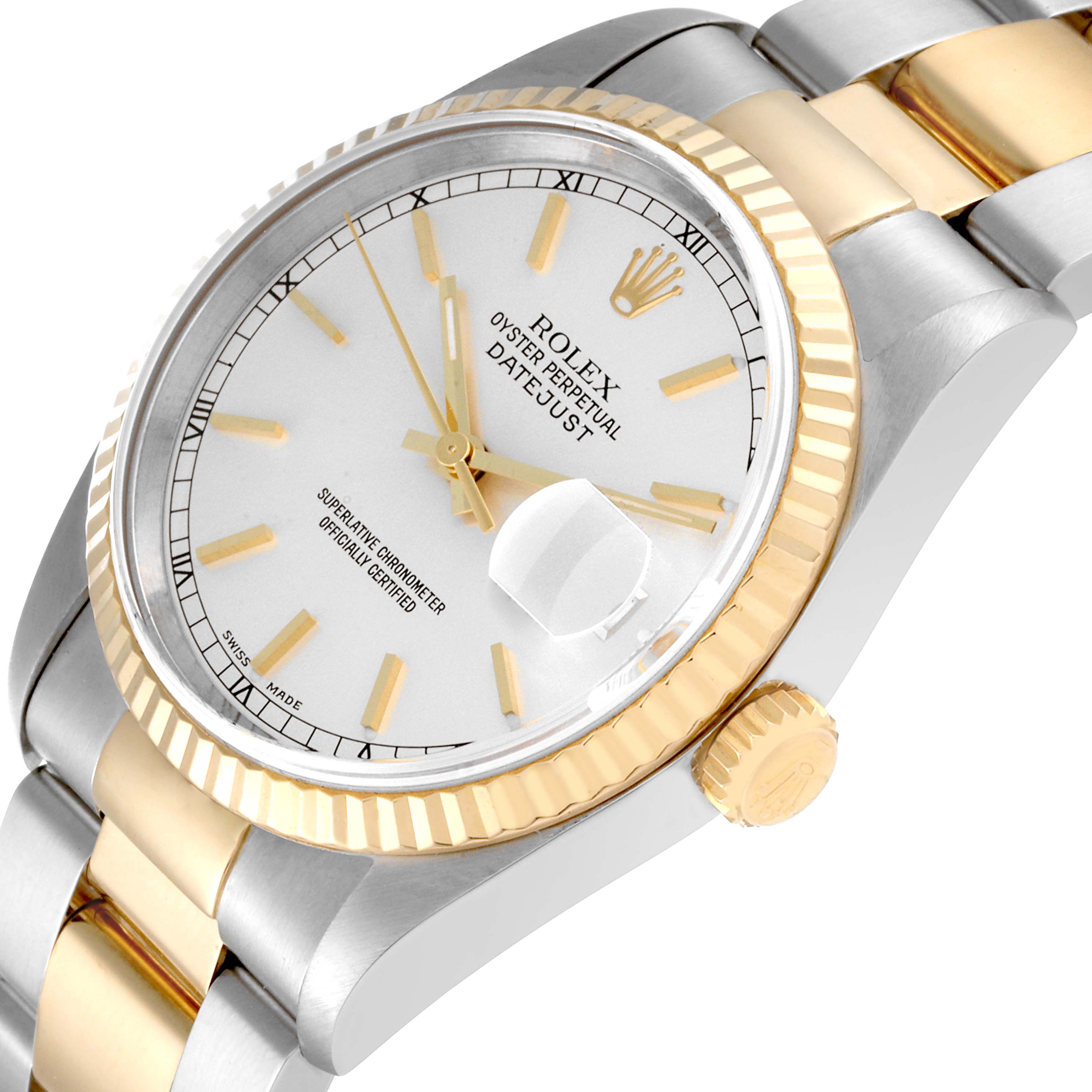 The Rolex Datejust 16233 Men's Steel and Gold (two tone) Silver Dial 16233 Men's Steel and Gold (two tone) Silver Dial watch is shown at a three-quarter angle, highlighting the dial, fluted bezel, and two-tone bracelet.