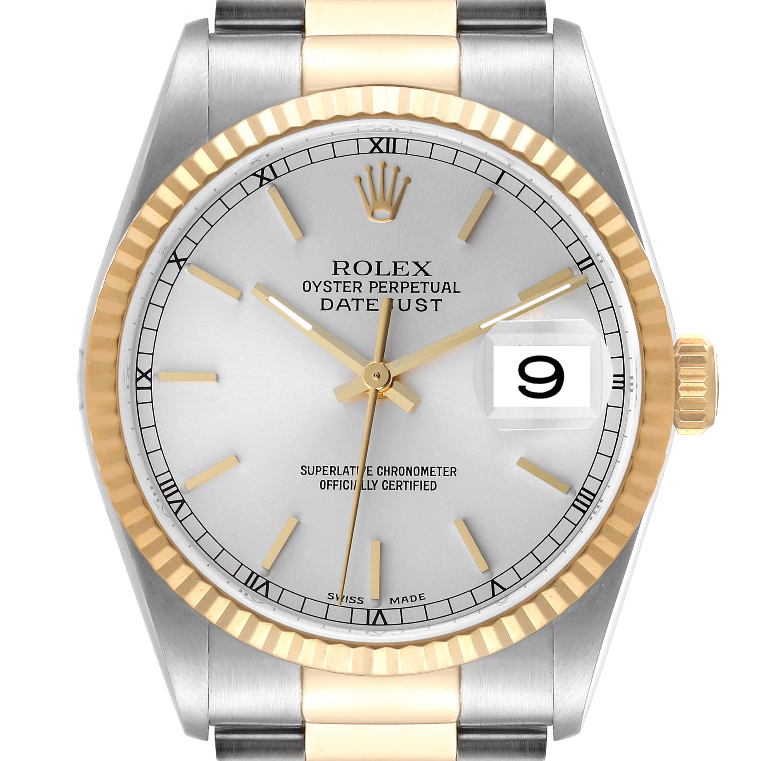 The image shows a front view of a Rolex Datejust 16233 Men's Steel and Gold (two tone) Silver Dial 16233 Men's Steel and Gold (two tone) Silver Dial watch, highlighting the dial, bezel, crown, and part of the bracelet.