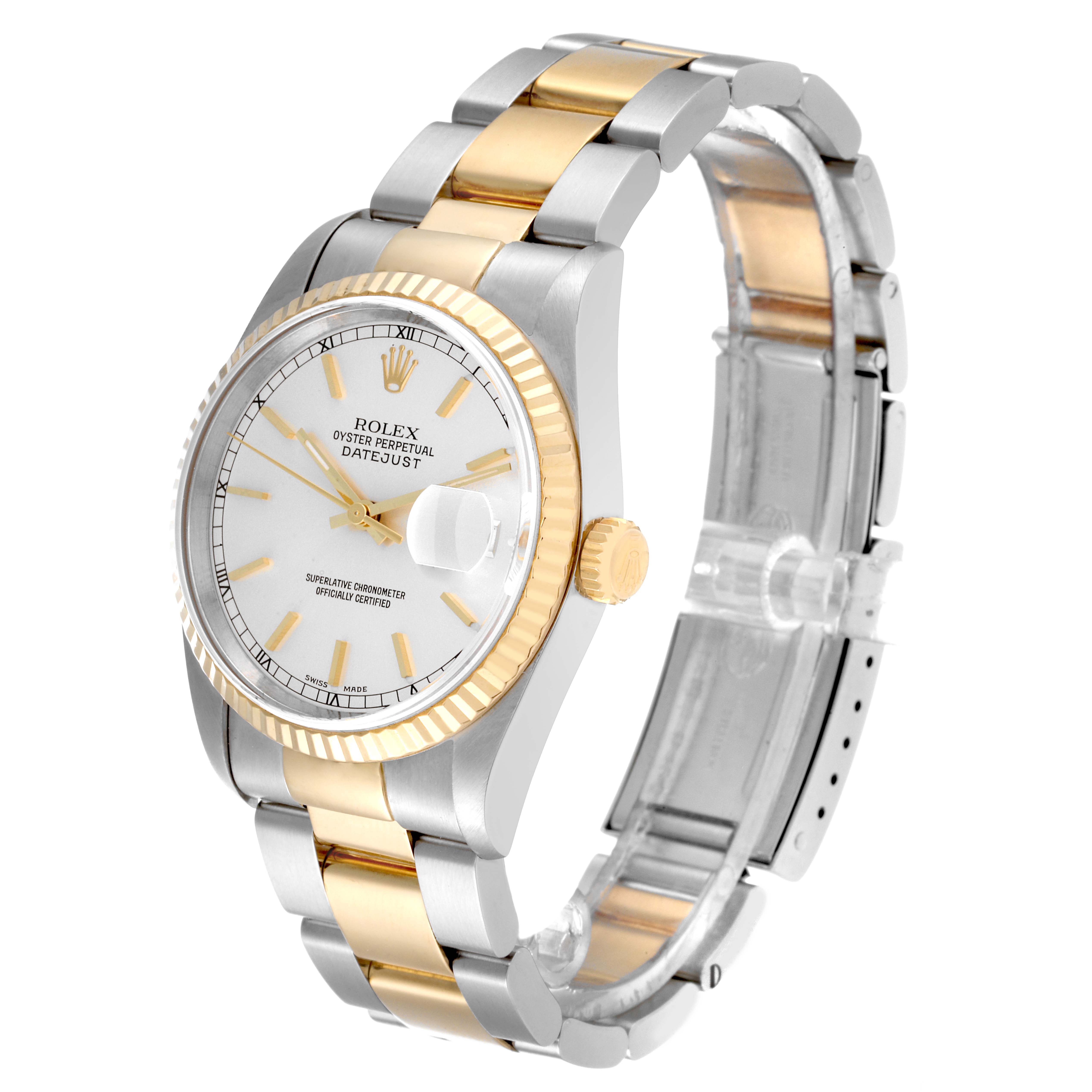The image shows a Rolex Datejust 16233 Men's Steel and Gold (two tone) Silver Dial 16233 Men's Steel and Gold (two tone) Silver Dial watch from a three-quarter front angle, highlighting the dial, crown, and bracelet.
