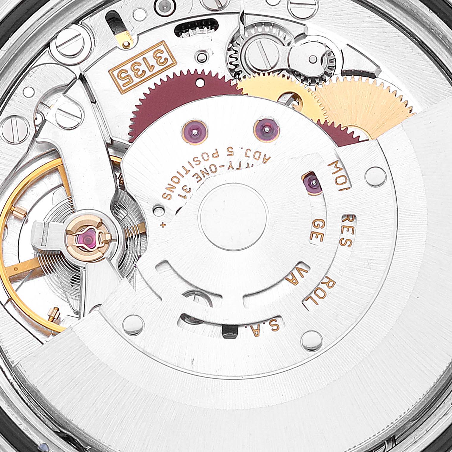 The image shows the internal mechanical movement of a Rolex Datejust 16233 Men's Steel and Gold (two tone) Silver Dial 16233 Men's Steel and Gold (two tone) Silver Dial watch from a close-up angle.