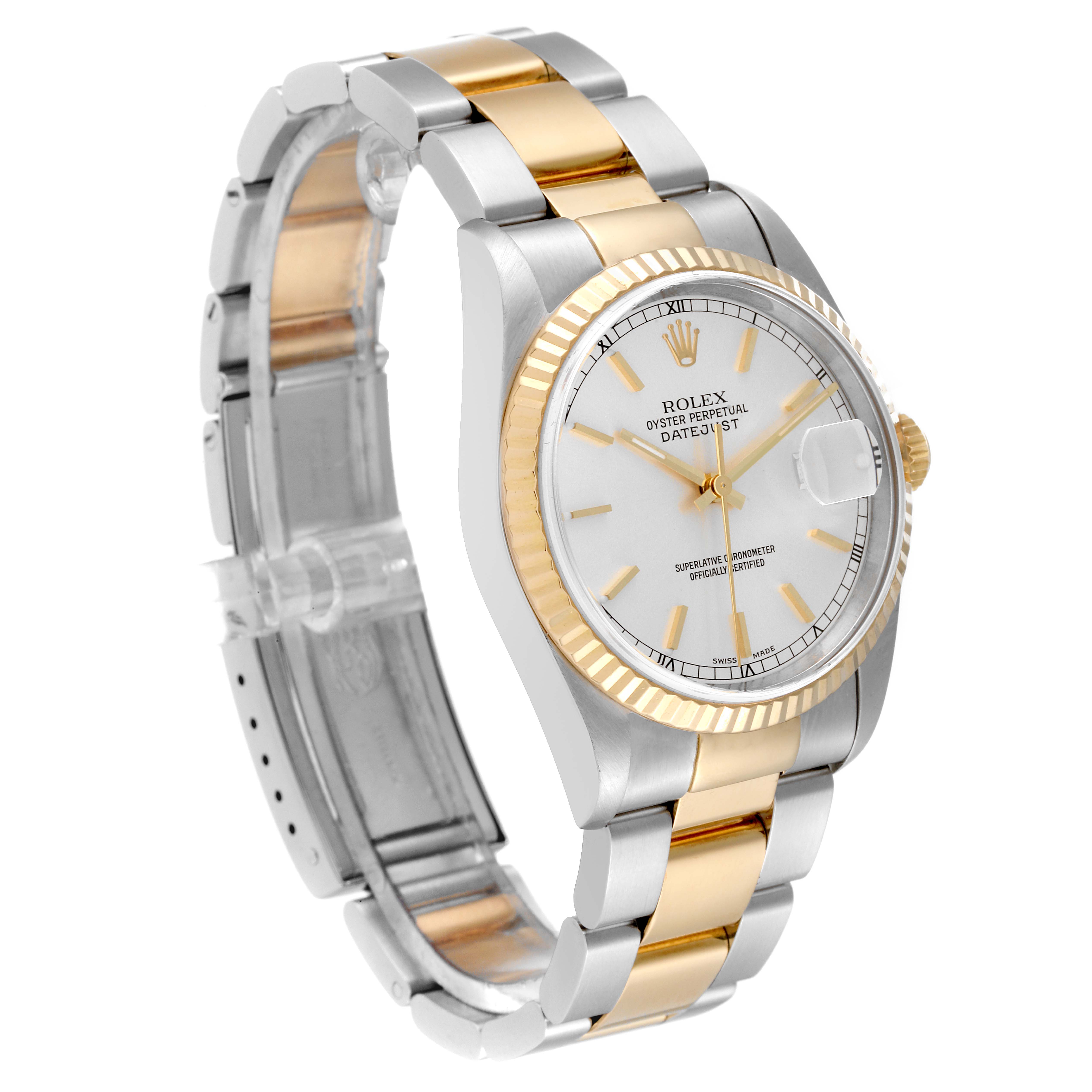 This image shows a Rolex Datejust 16233 Men's Steel and Gold (two tone) Silver Dial 16233 Men's Steel and Gold (two tone) Silver Dial model watch at a three-quarter angle, displaying the face, bezel, and bracelet.