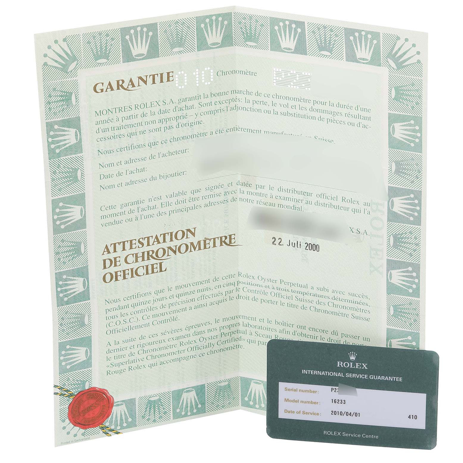 The image shows the warranty card and booklet for a Rolex Datejust 16233 Men's Steel and Gold (two tone) Silver Dial 16233 Men's Steel and Gold (two tone) Silver Dial model, displaying text and certificate details.