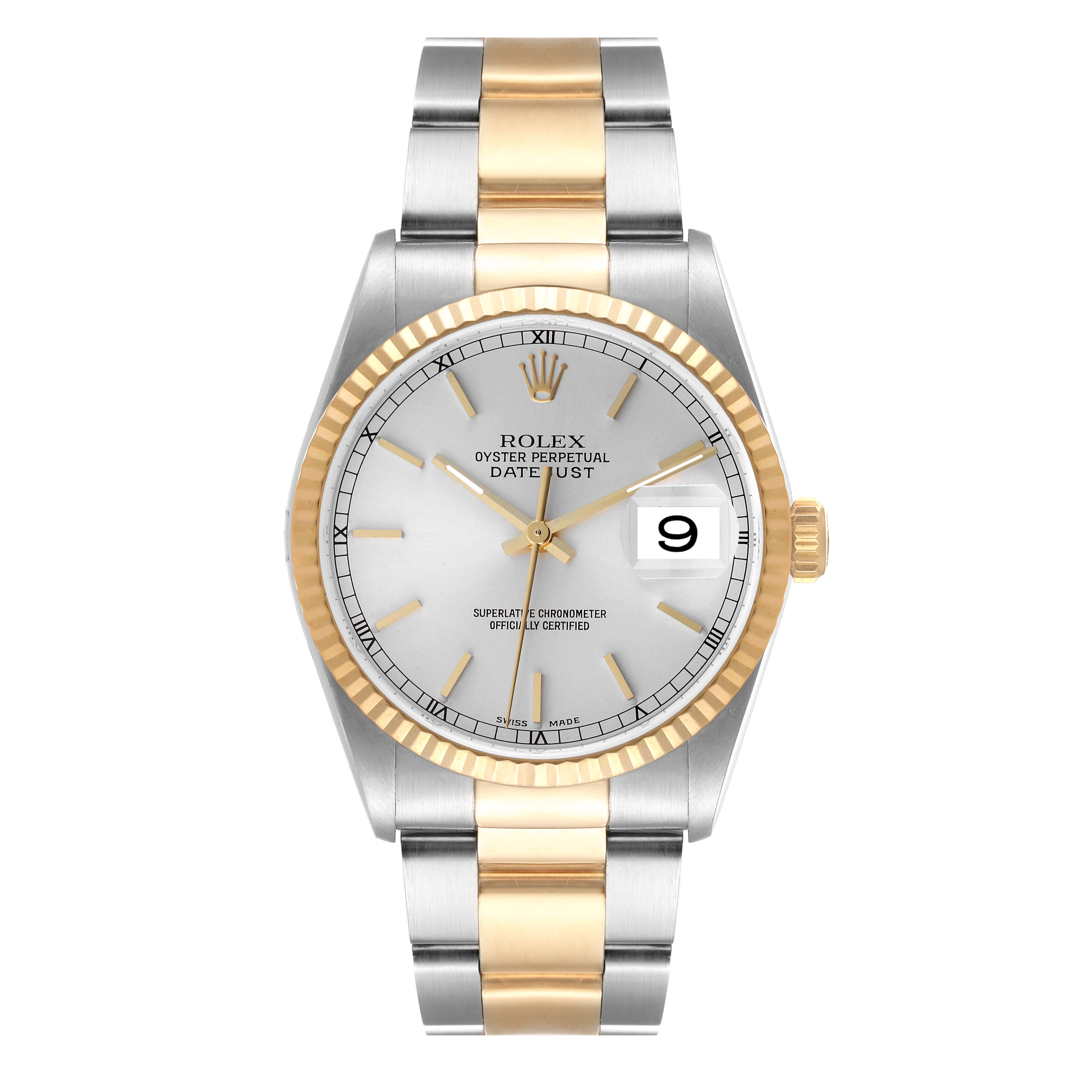 This Rolex Datejust 16233 Men's Steel and Gold (two tone) Silver Dial 16233 Men's Steel and Gold (two tone) Silver Dial watch is shown from a front angle, displaying the face, bezel, crown, and bracelet.