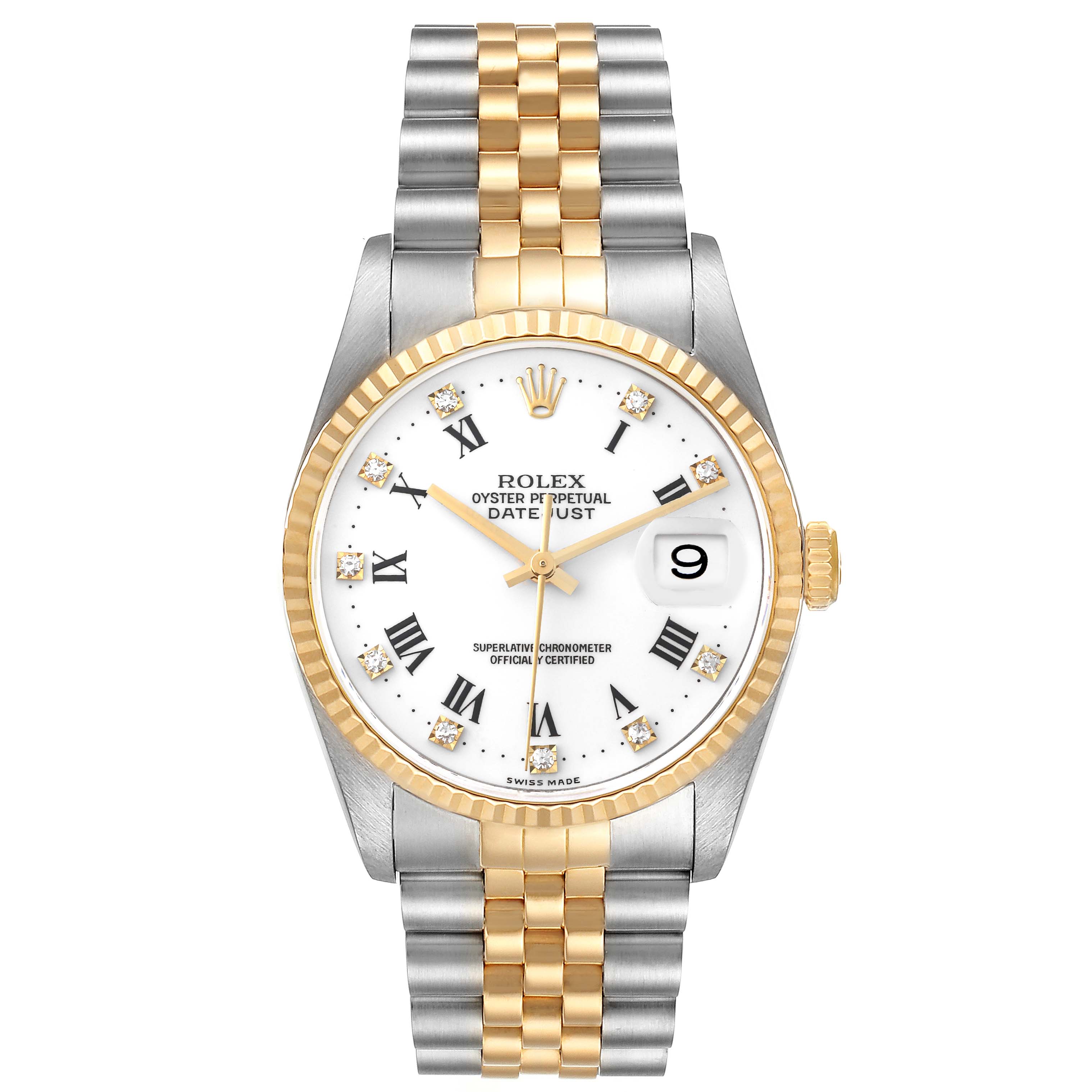 The image shows a front view of a Rolex Datejust 16233 Men's Steel and Gold (two tone) White Dial 16233 Men's Steel and Gold (two tone) White Dial watch, displaying the dial, bezel, and bracelet.