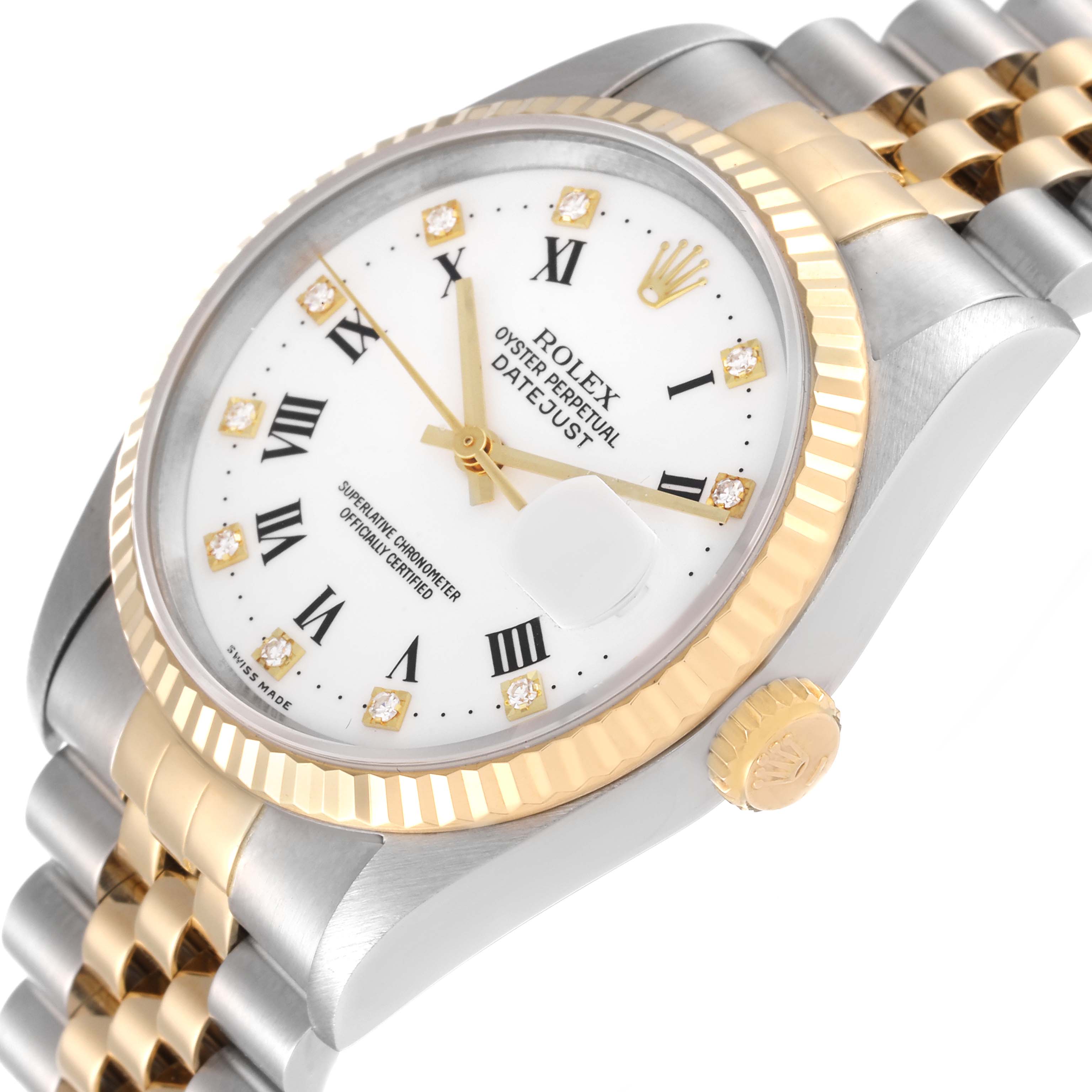 The image shows a close-up angle of the Rolex Datejust 16233 Men's Steel and Gold (two tone) White Dial 16233 Men's Steel and Gold (two tone) White Dial watch, highlighting the dial, bezel, crown, and part of the bracelet.