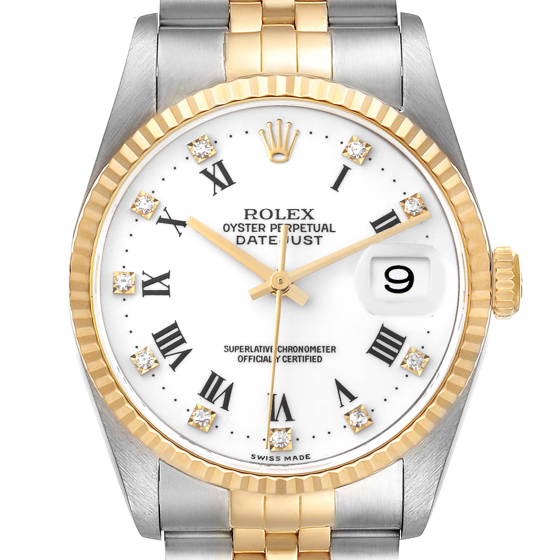 The image shows a front view of the Rolex Datejust 16233 Men's Steel and Gold (two tone) White Dial 16233 Men's Steel and Gold (two tone) White Dial watch face and part of its two-tone bracelet.