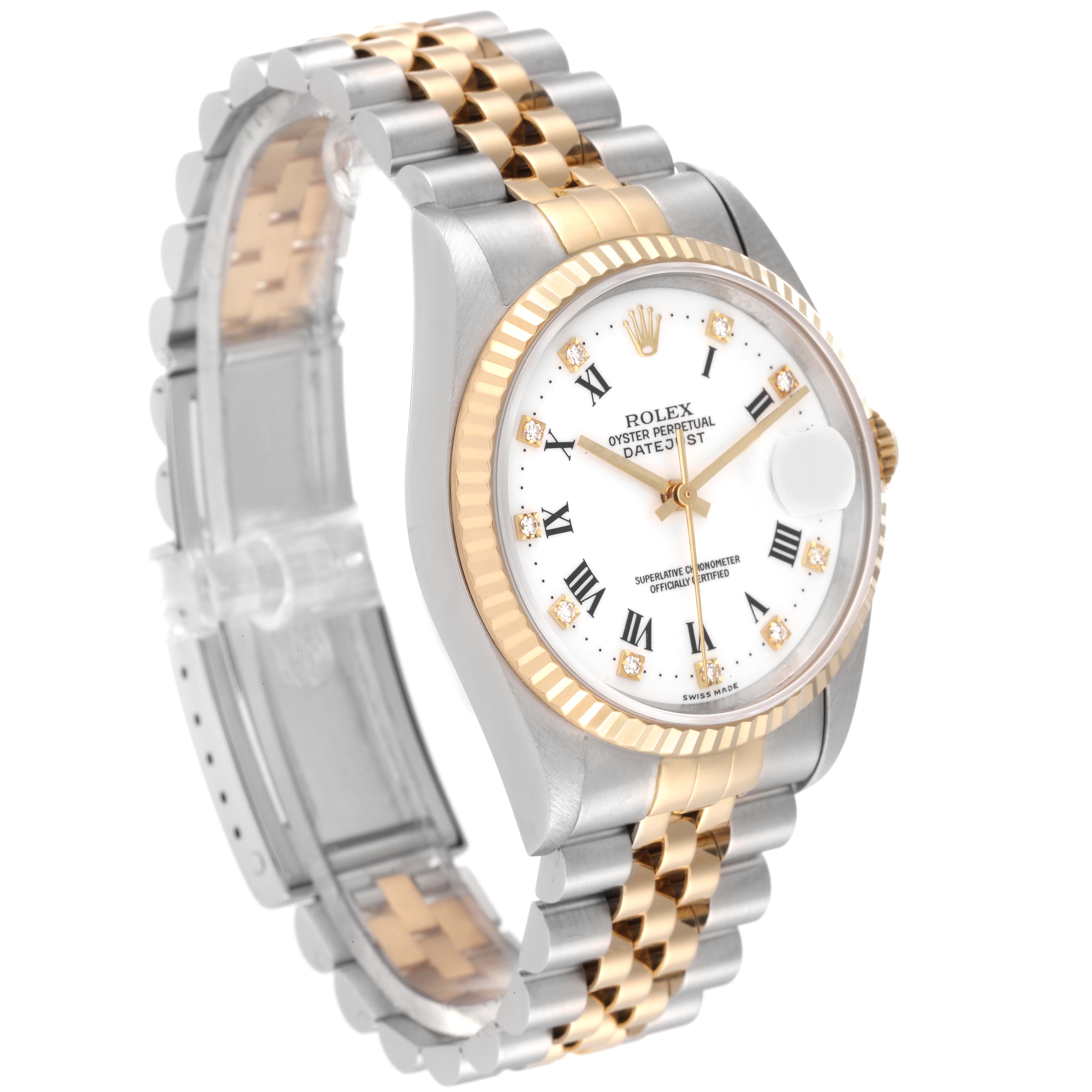 The image shows a Rolex Datejust 16233 Men's Steel and Gold (two tone) White Dial 16233 Men's Steel and Gold (two tone) White Dial watch at a slight angle, highlighting its two-tone bracelet, fluted bezel, and white dial with Roman numerals.