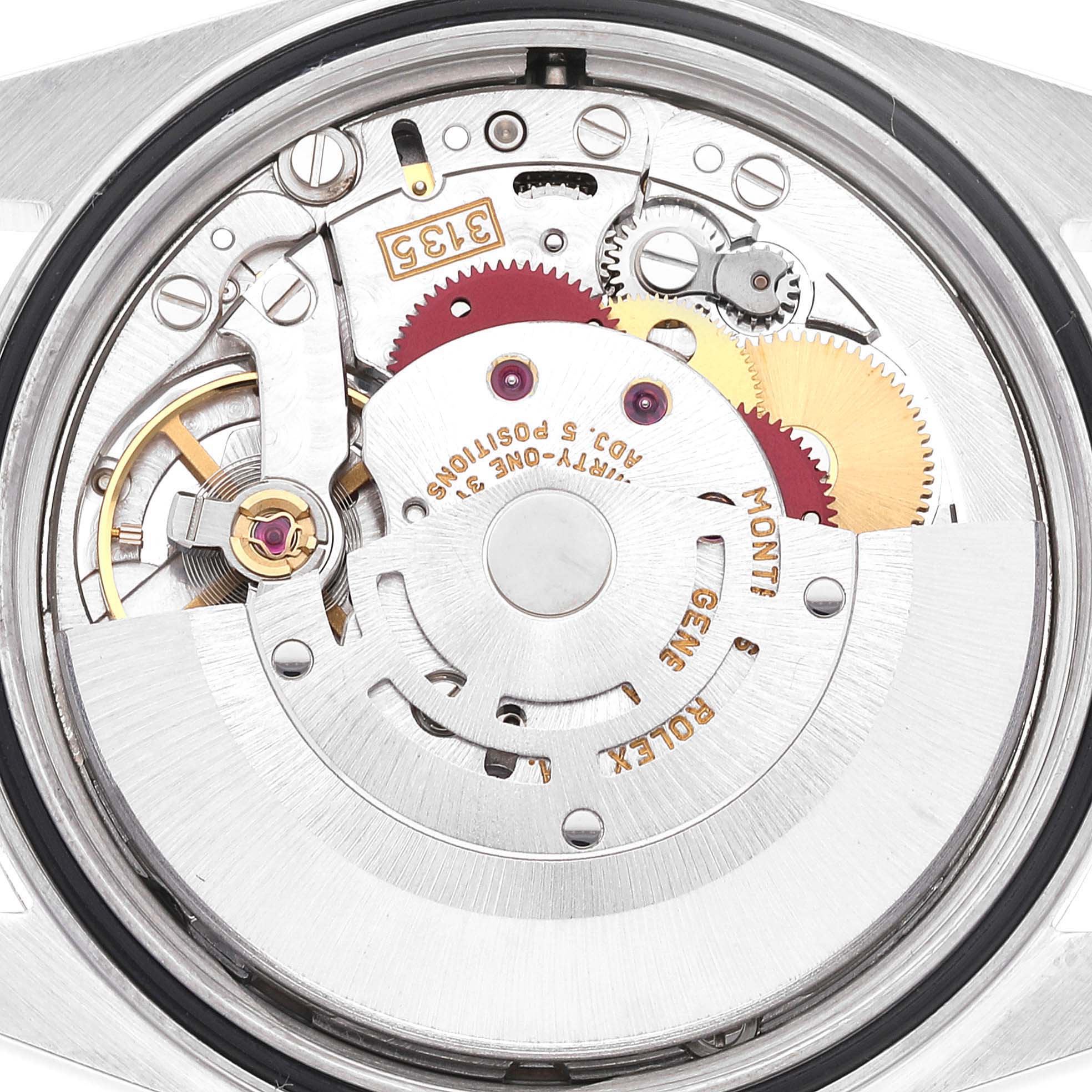 This image shows the internal movement mechanism of the Rolex Datejust 16233 Men's Steel and Gold (two tone) White Dial 16233 Men's Steel and Gold (two tone) White Dial watch from a top-down angle.