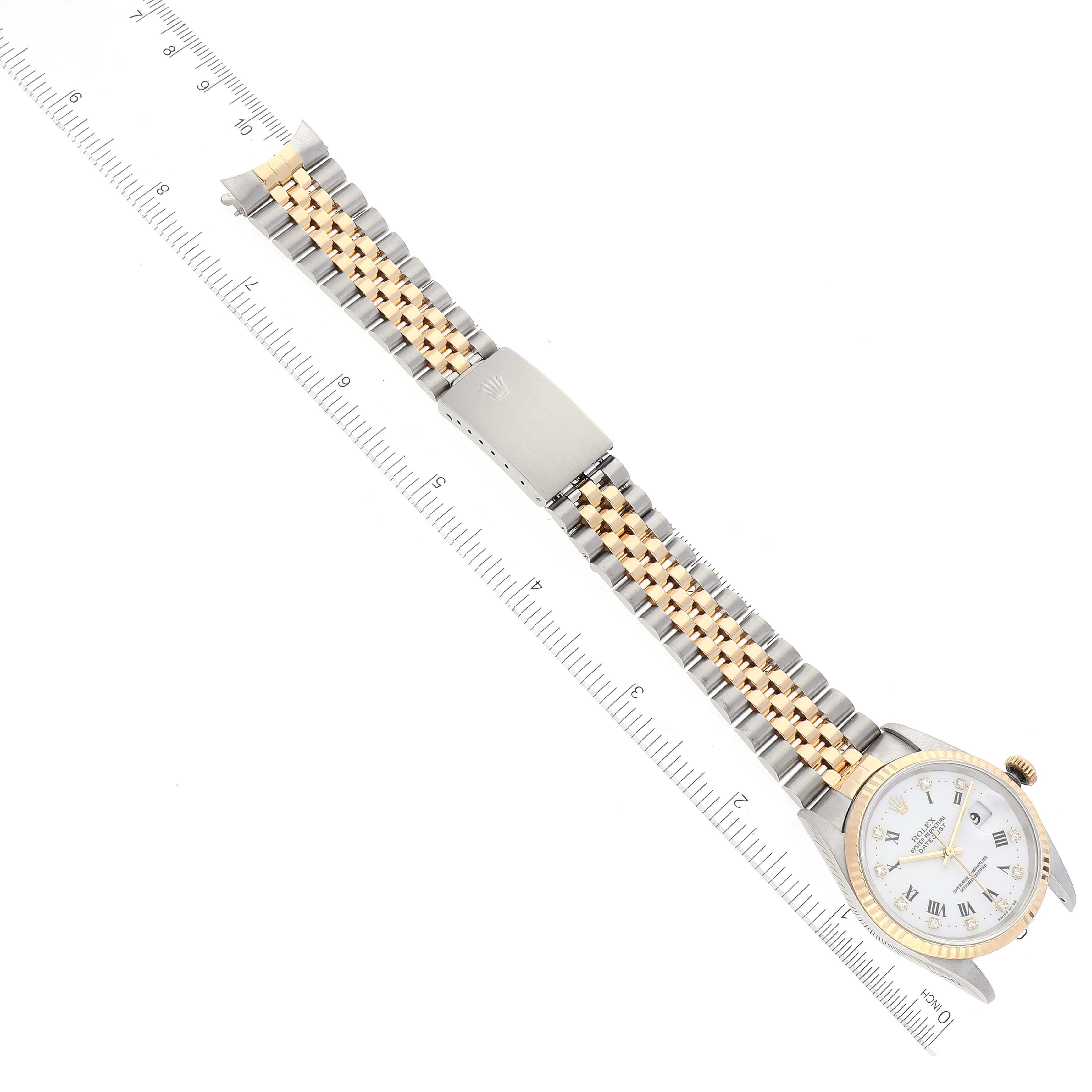 The image shows a Rolex Datejust 16233 Men's Steel and Gold (two tone) White Dial 16233 Men's Steel and Gold (two tone) White Dial watch laid flat with the dial, bracelet, and clasp clearly visible.