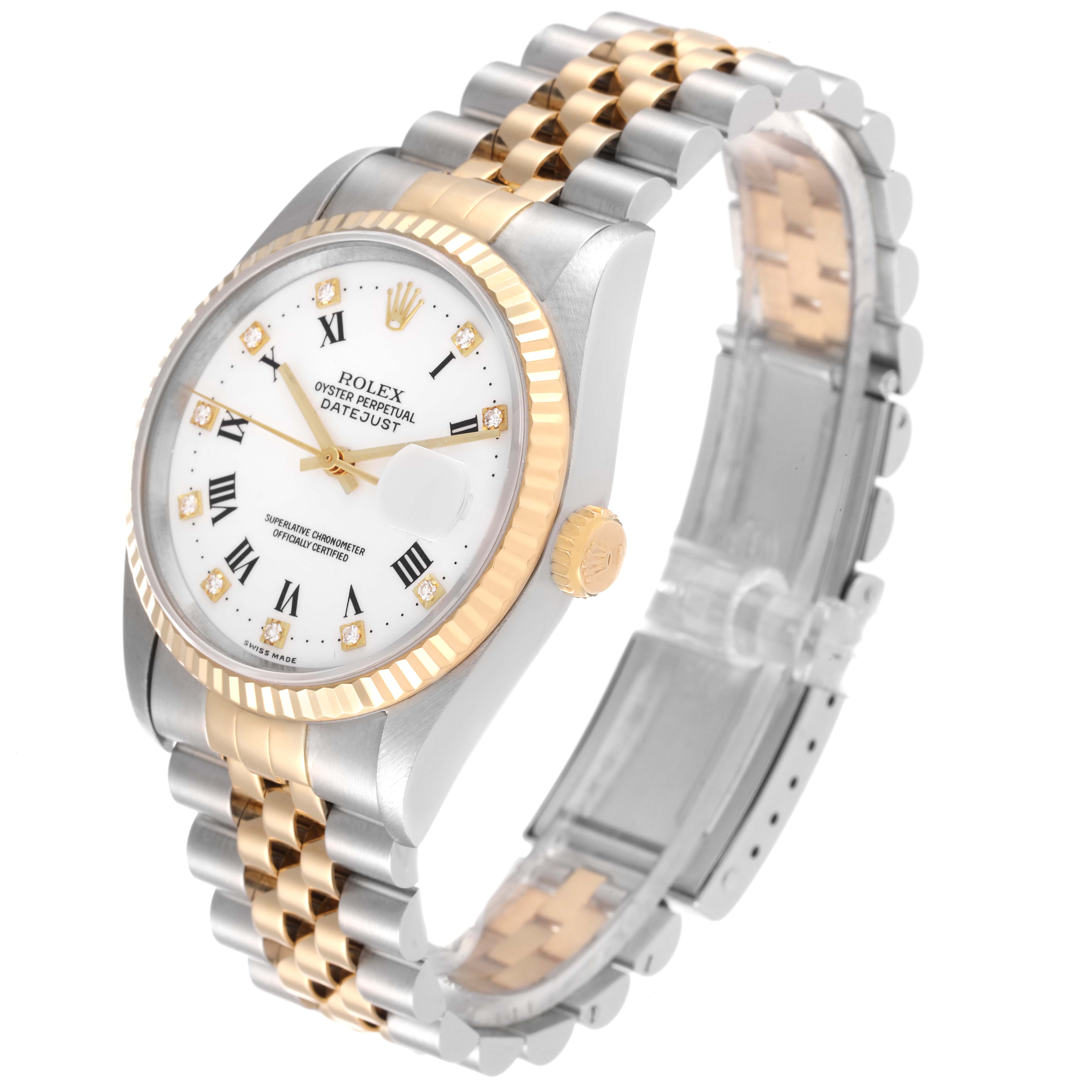 The image shows a Rolex Datejust 16233 Men's Steel and Gold (two tone) White Dial 16233 Men's Steel and Gold (two tone) White Dial watch displaying the dial, bezel, crown, and two-tone bracelet at a three-quarter angle.