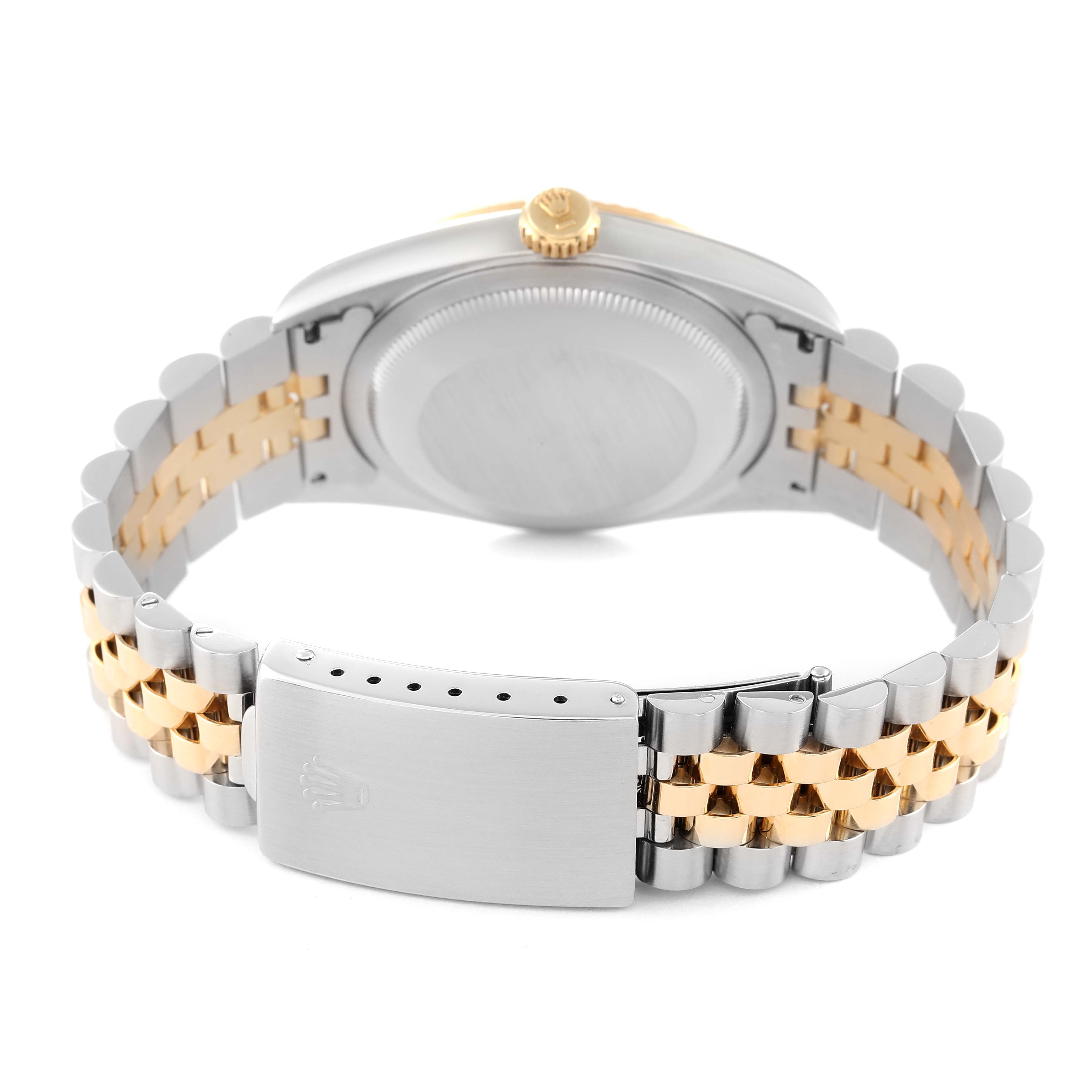This image shows the back of the Rolex Datejust 16233 Men's Steel and Gold (two tone) White Dial 16233 Men's Steel and Gold (two tone) White Dial watch, focusing on the case back, crown, and two-tone bracelet with clasp.