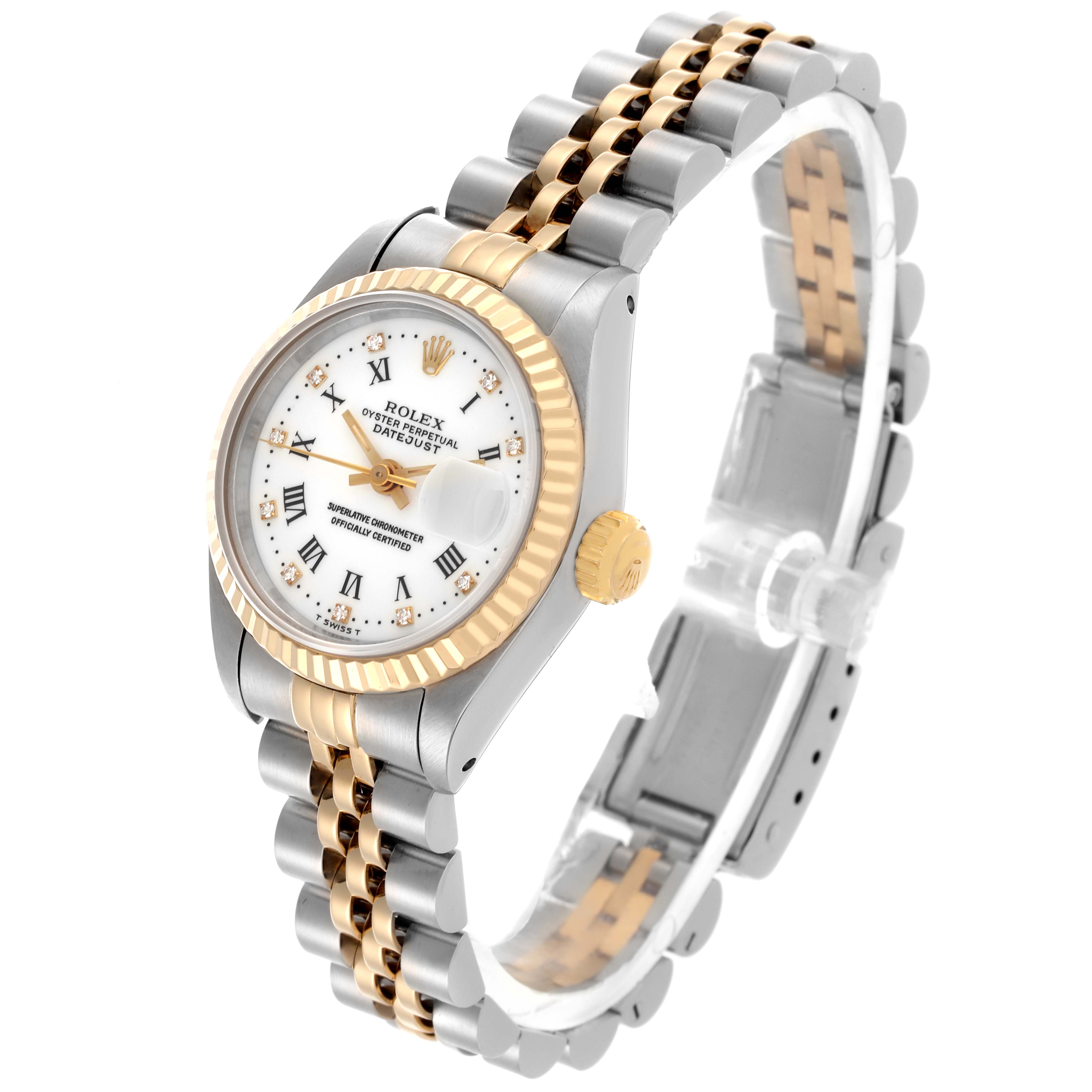 The Rolex Datejust 69173 Women's Steel and Gold (two tone) White Dial 69173 Women's Steel and Gold (two tone) White Dial watch is shown at a three-quarter angle, highlighting the face, bezel, crown, and bracelet.