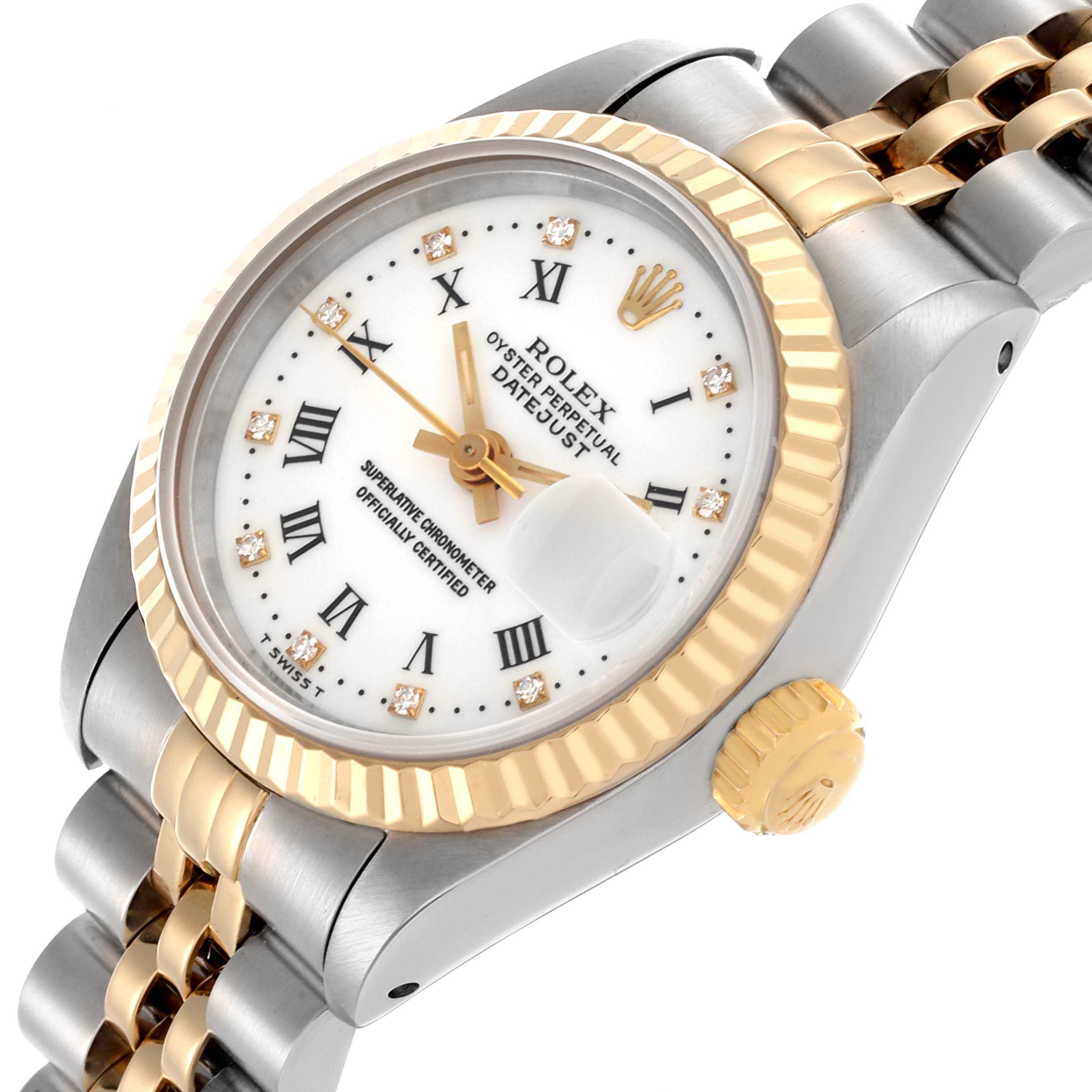 The Rolex Datejust 69173 Women's Steel and Gold (two tone) White Dial 69173 Women's Steel and Gold (two tone) White Dial watch is shown at an angled view, displaying the dial, fluted bezel, crown, and part of the bracelet.
