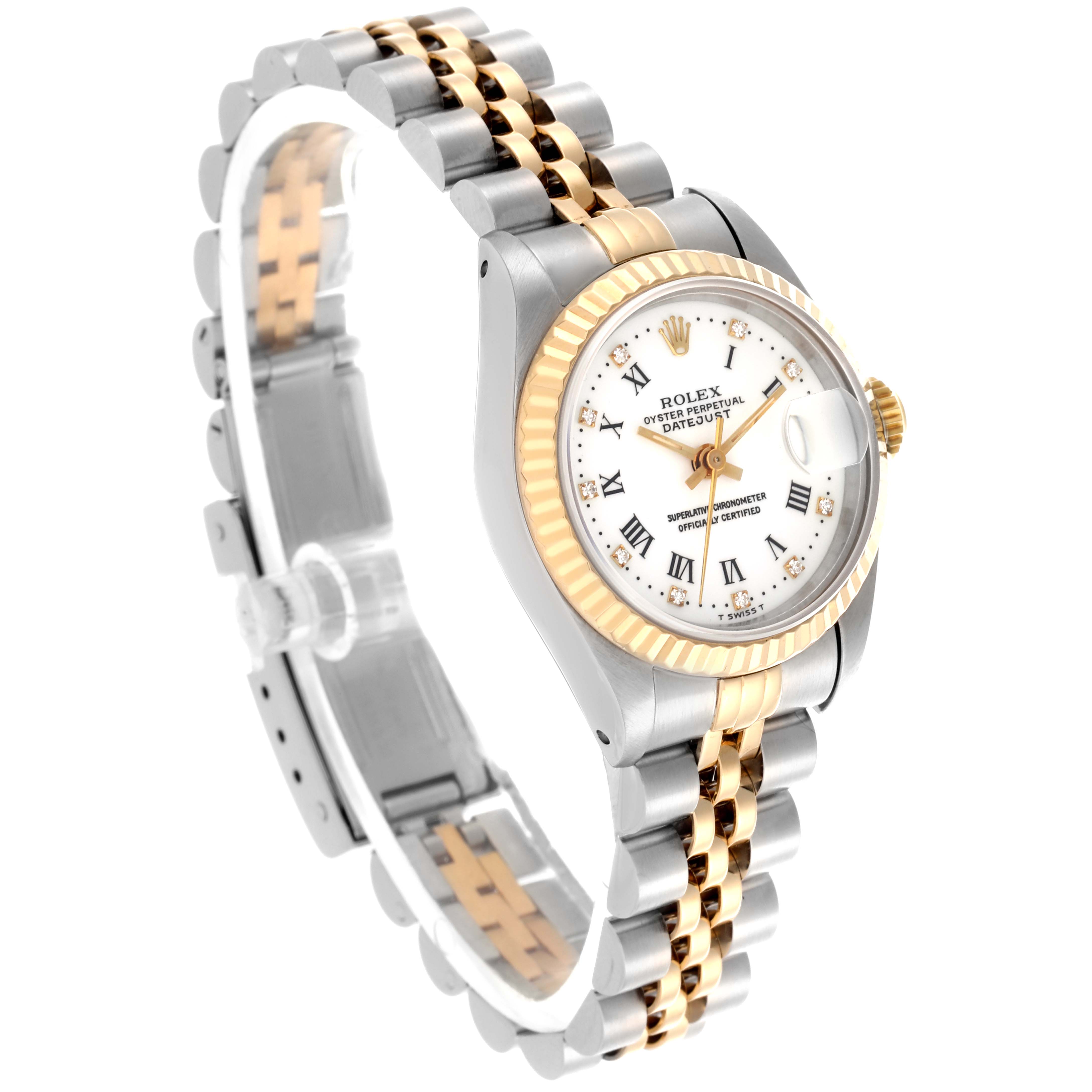 The Rolex Datejust 69173 Women's Steel and Gold (two tone) White Dial 69173 Women's Steel and Gold (two tone) White Dial watch is shown at an angled view, highlighting the bracelet, case, dial, and fluted bezel.
