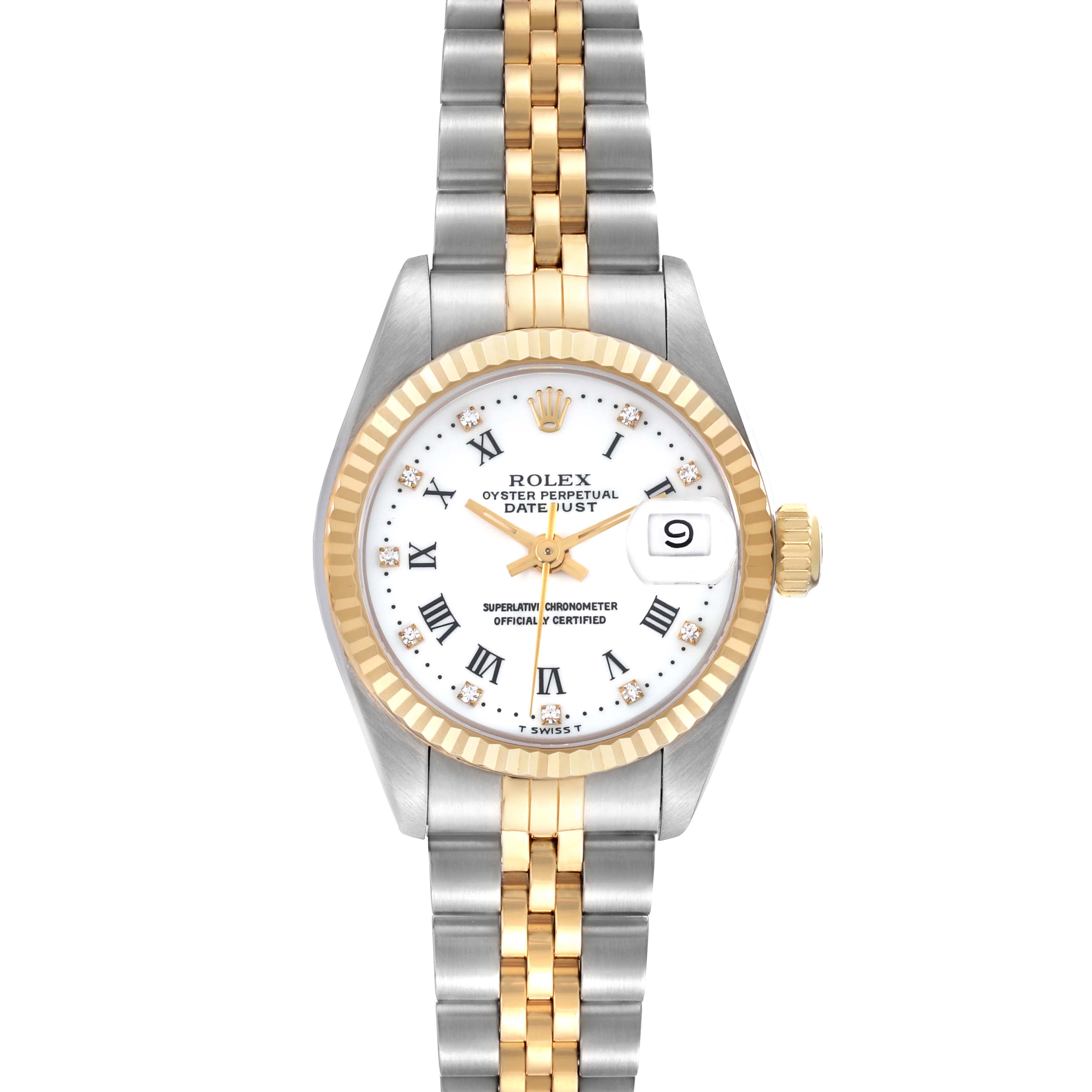 The Rolex Datejust 69173 Women's Steel and Gold (two tone) White Dial 69173 Women's Steel and Gold (two tone) White Dial watch is shown from the front, highlighting the dial, bezel, and two-tone bracelet.