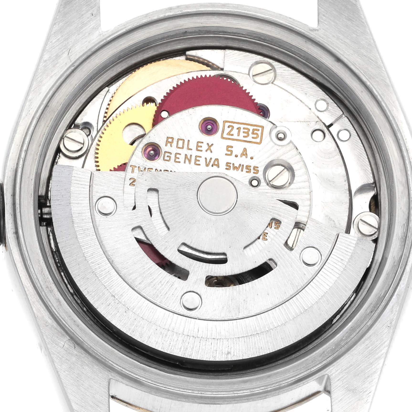 The image shows the back view of a Rolex Datejust 69173 Women's Steel and Gold (two tone) White Dial 69173 Women's Steel and Gold (two tone) White Dial, displaying its movement and components.