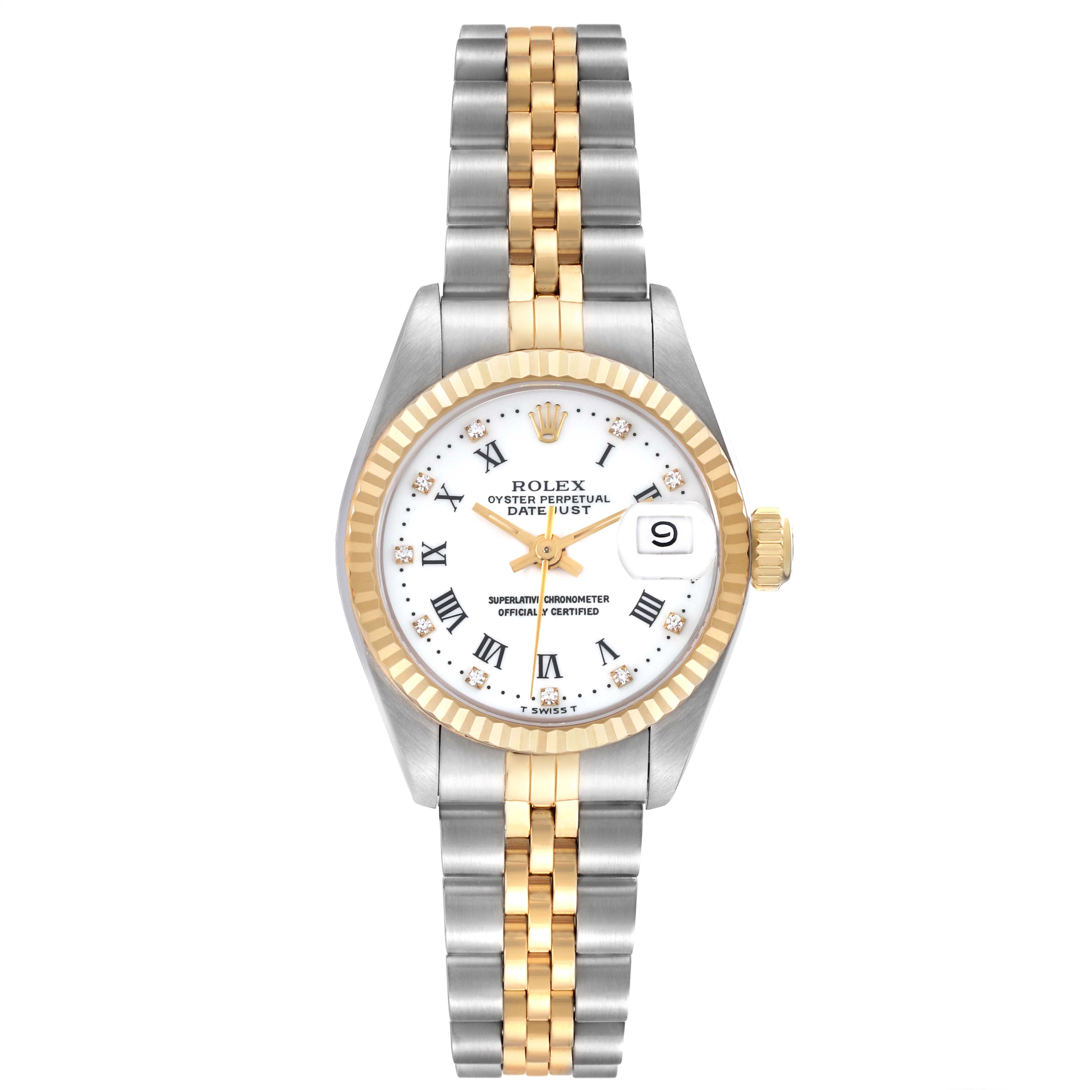 The Rolex Datejust 69173 Women's Steel and Gold (two tone) White Dial 69173 Women's Steel and Gold (two tone) White Dial watch is shown from a top-down angle, highlighting the dial, bezel, and bracelet.