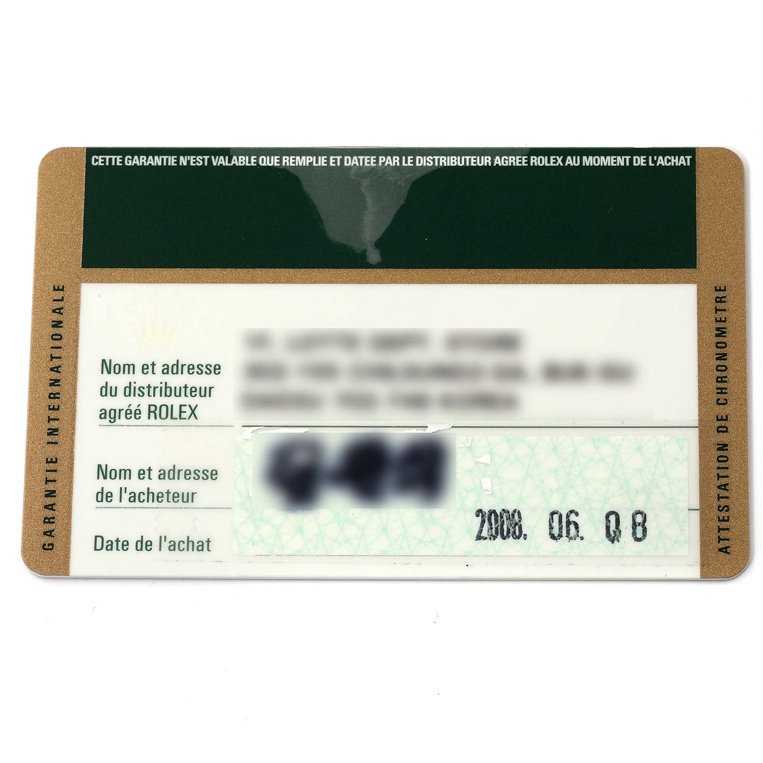 The image shows a warranty card for a Rolex Daytona 116520 Men's Stainless Steel White Dial 116520 Men's Stainless Steel White Dial watch, featuring purchase details and authentication information.