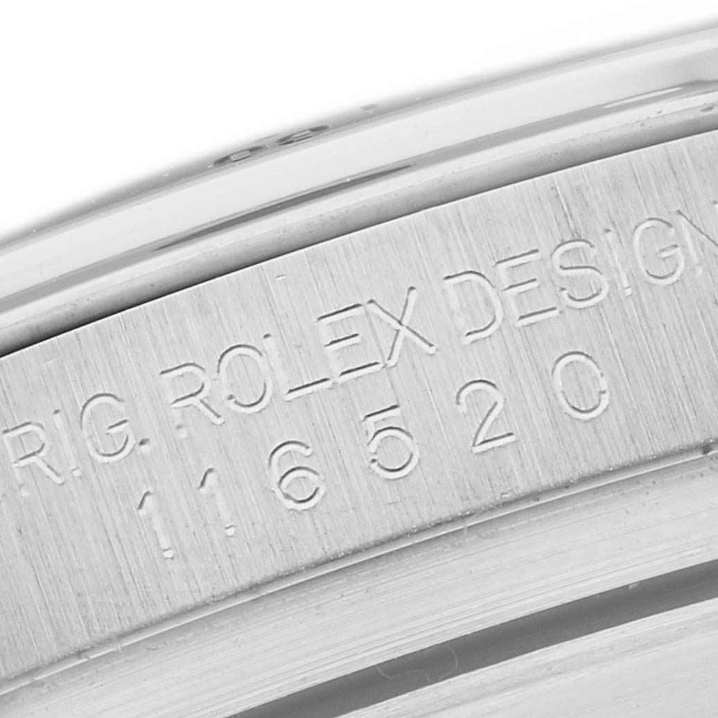 The image shows an engraved side view of a Rolex Daytona 116520 Men's Stainless Steel White Dial 116520 Men's Stainless Steel White Dial model, focusing on the design and model number.