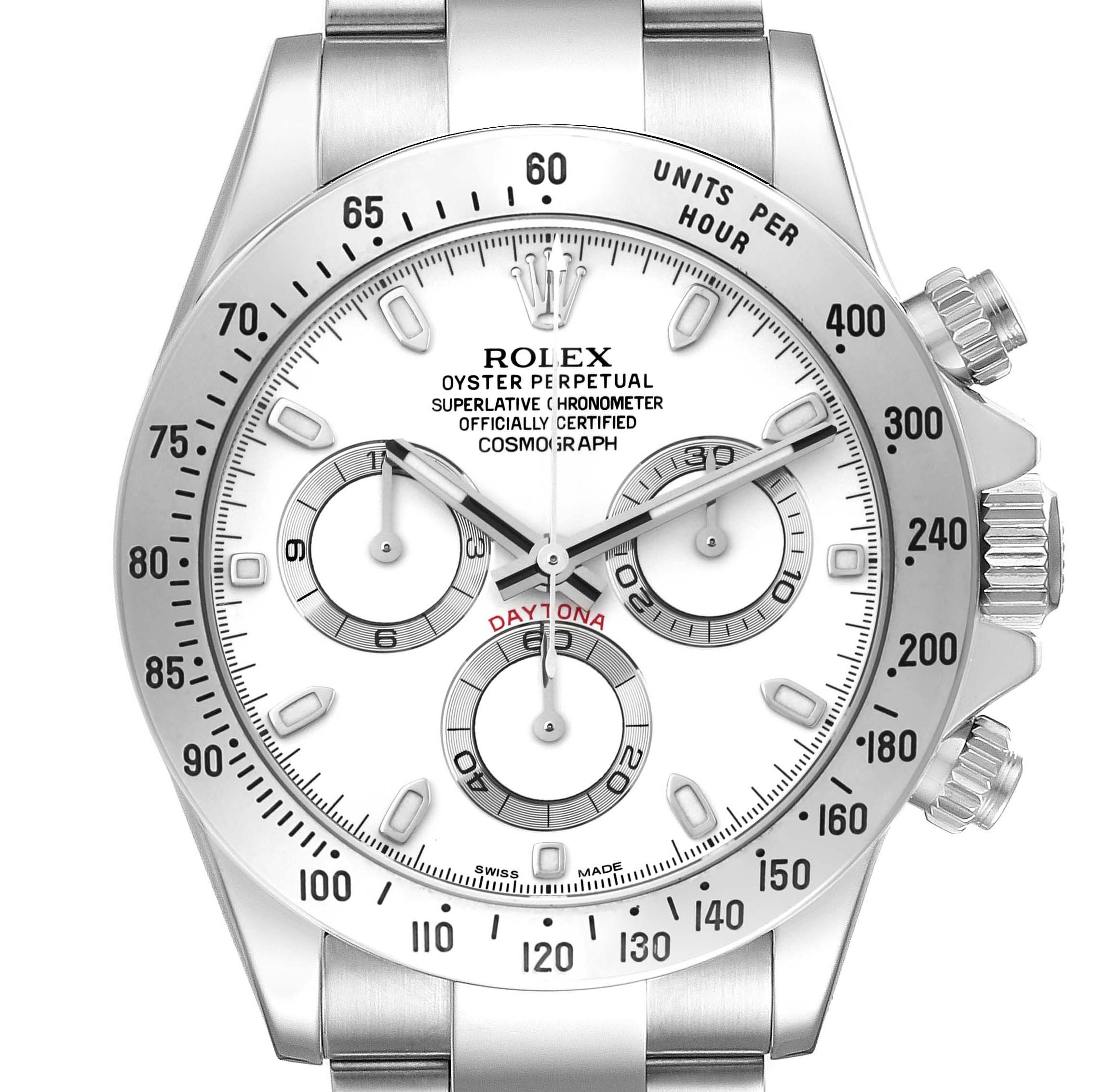 The Rolex Daytona 116520 Men's Stainless Steel White Dial 116520 Men's Stainless Steel White Dial watch is shown from a front angle, displaying the dial, bezel, crown, and chronograph sub-dials.