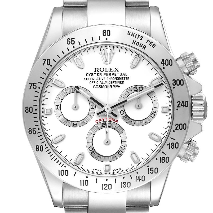 The Rolex Daytona watch is shown from a front angle, displaying the dial, bezel, crown, and chronograph sub-dials.