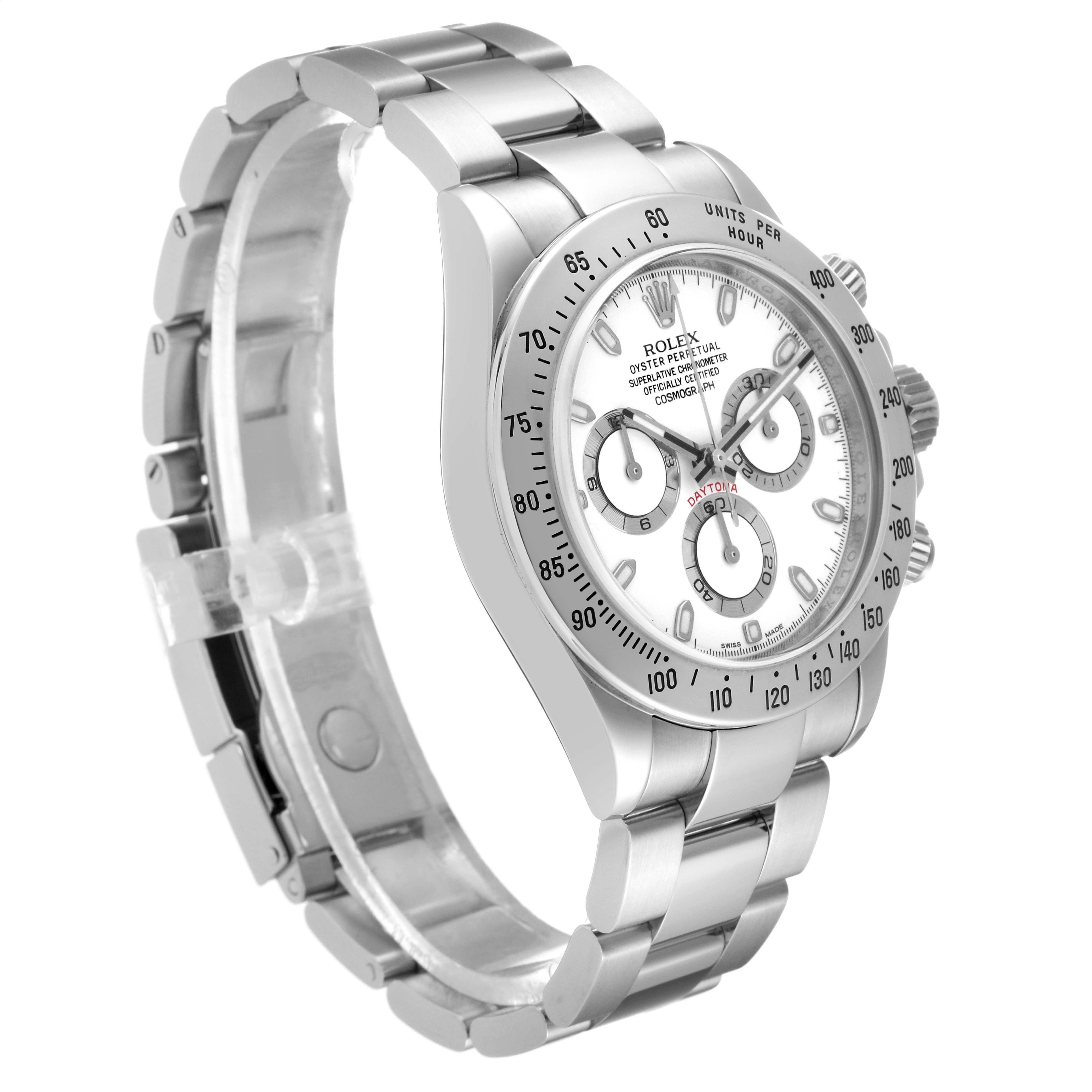 The Rolex Daytona 116520 Men's Stainless Steel White Dial 116520 Men's Stainless Steel White Dial watch is shown from a side angle, displaying the face, bezel, bracelet, and chronograph pushers.