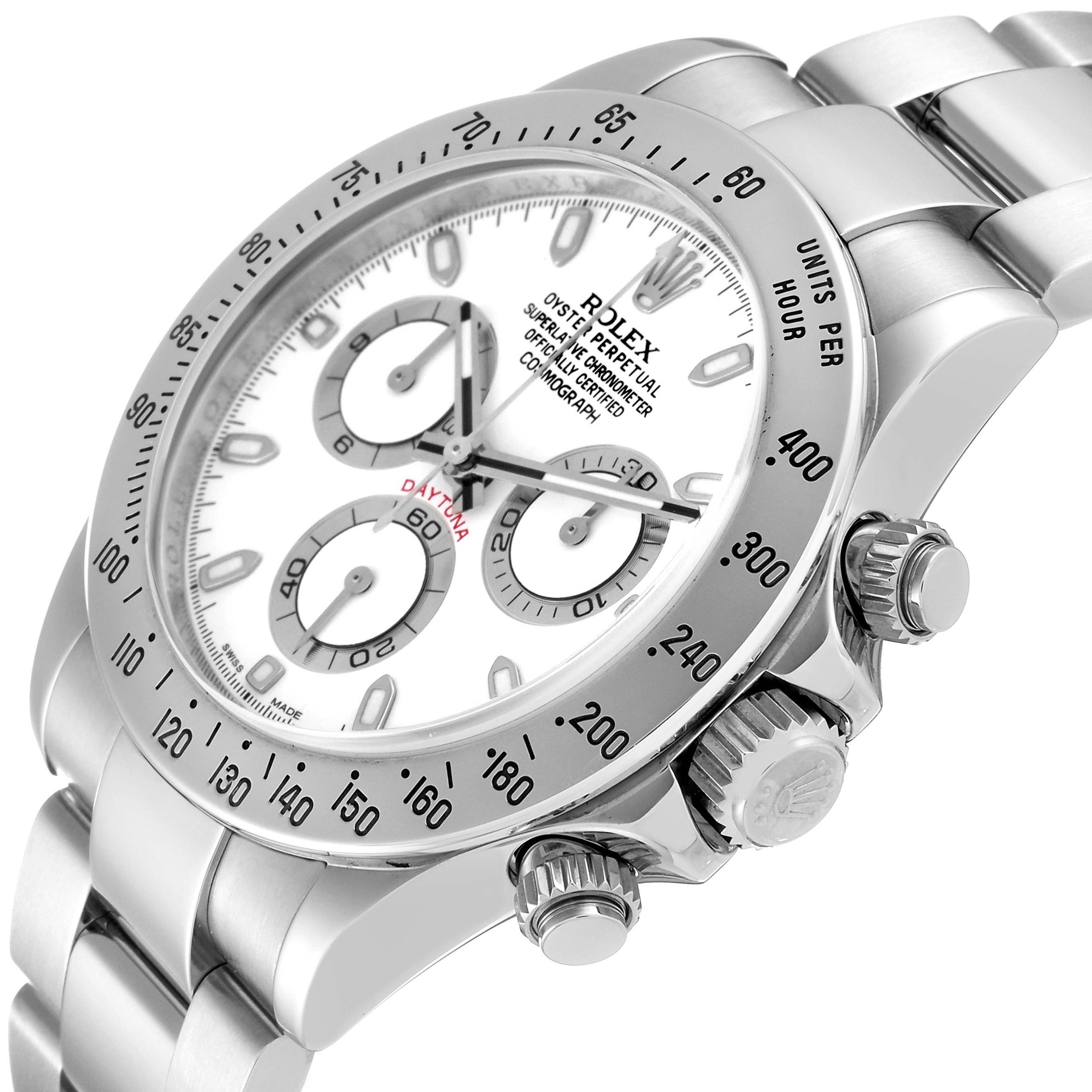 The Rolex Daytona 116520 Men's Stainless Steel White Dial 116520 Men's Stainless Steel White Dial watch is shown at an angle highlighting its face, bezel, and crown side.