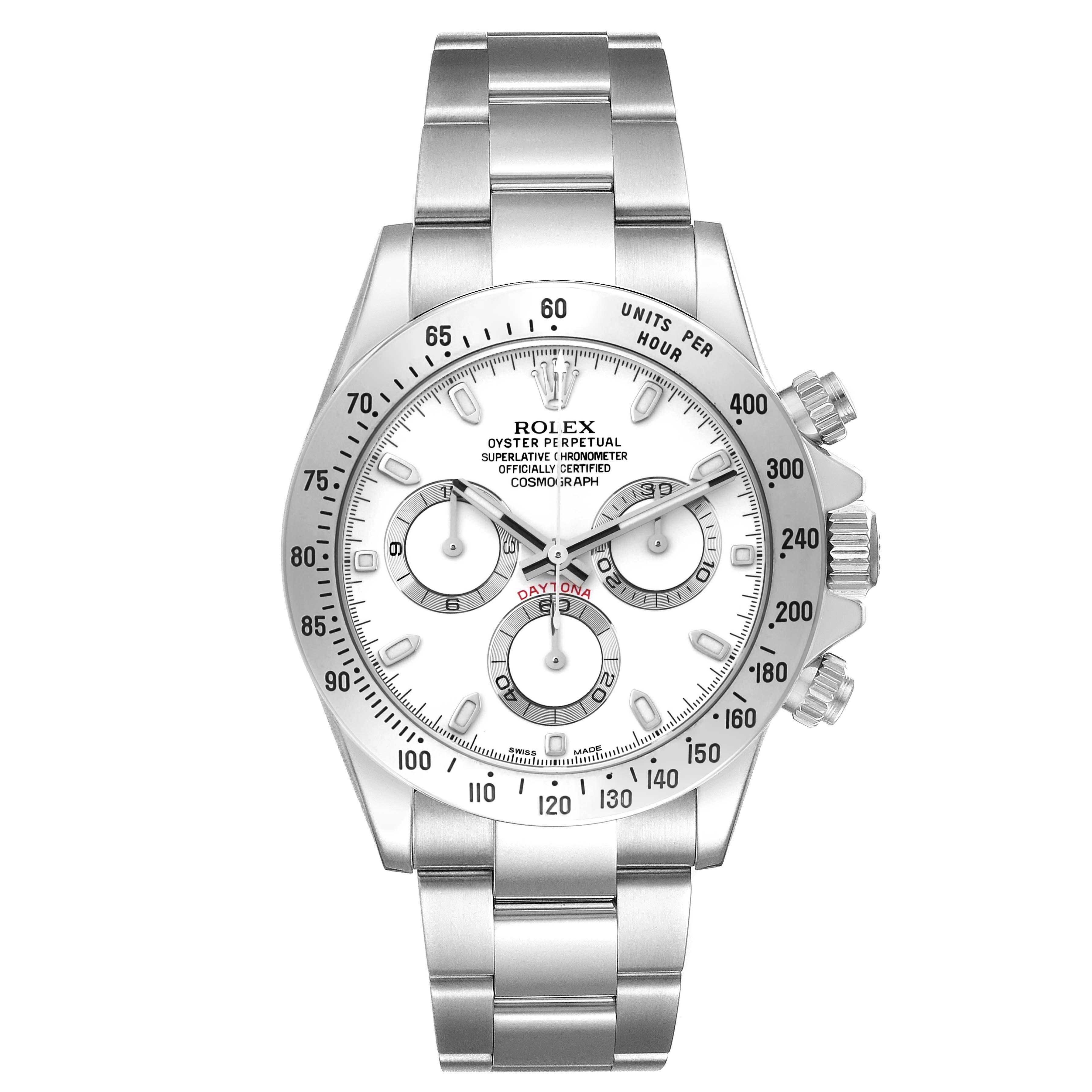 The Rolex Daytona 116520 Men's Stainless Steel White Dial 116520 Men's Stainless Steel White Dial watch is shown from a front angle, highlighting its face, bezel, and bracelet.
