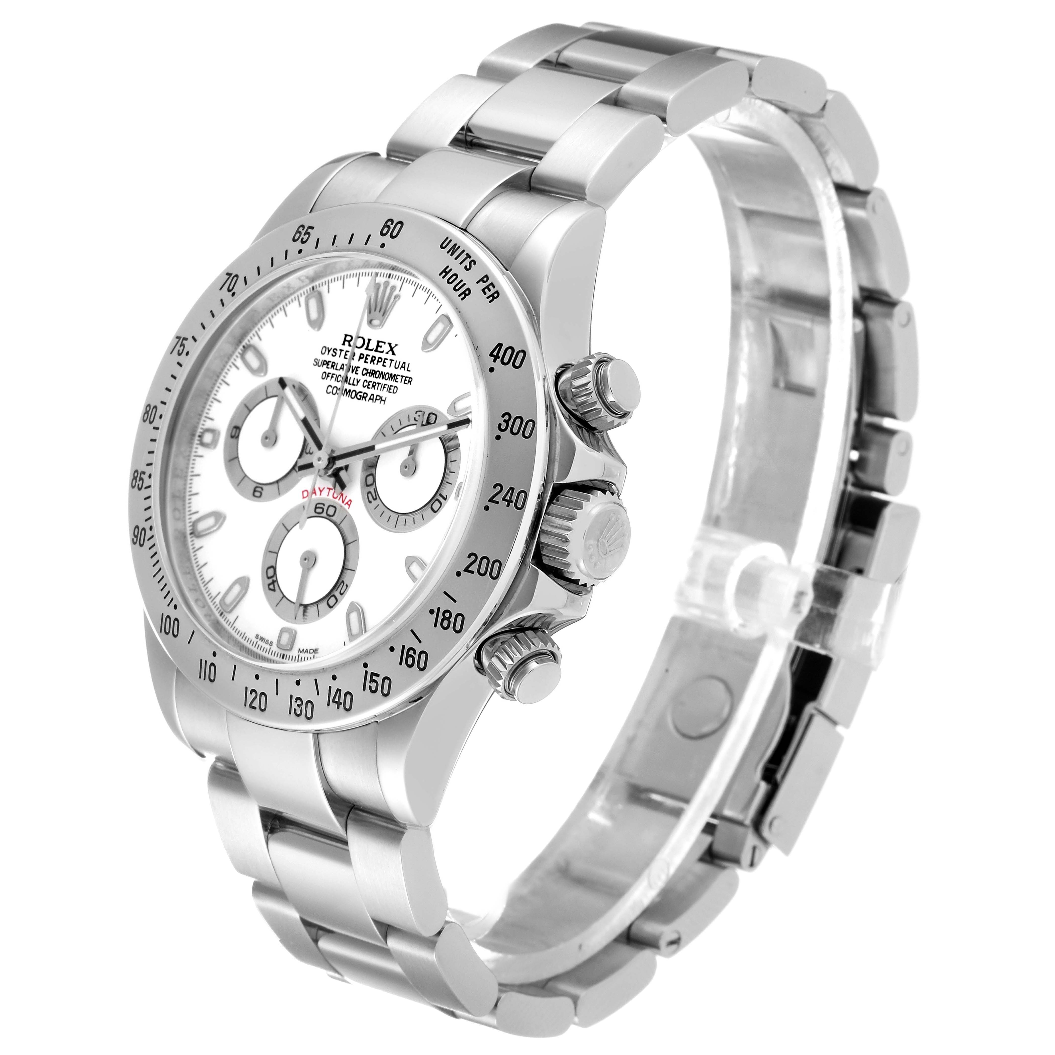 This image shows a side angle of the Rolex Daytona 116520 Men's Stainless Steel White Dial 116520 Men's Stainless Steel White Dial, featuring the case, bracelet, crown, and pushers.