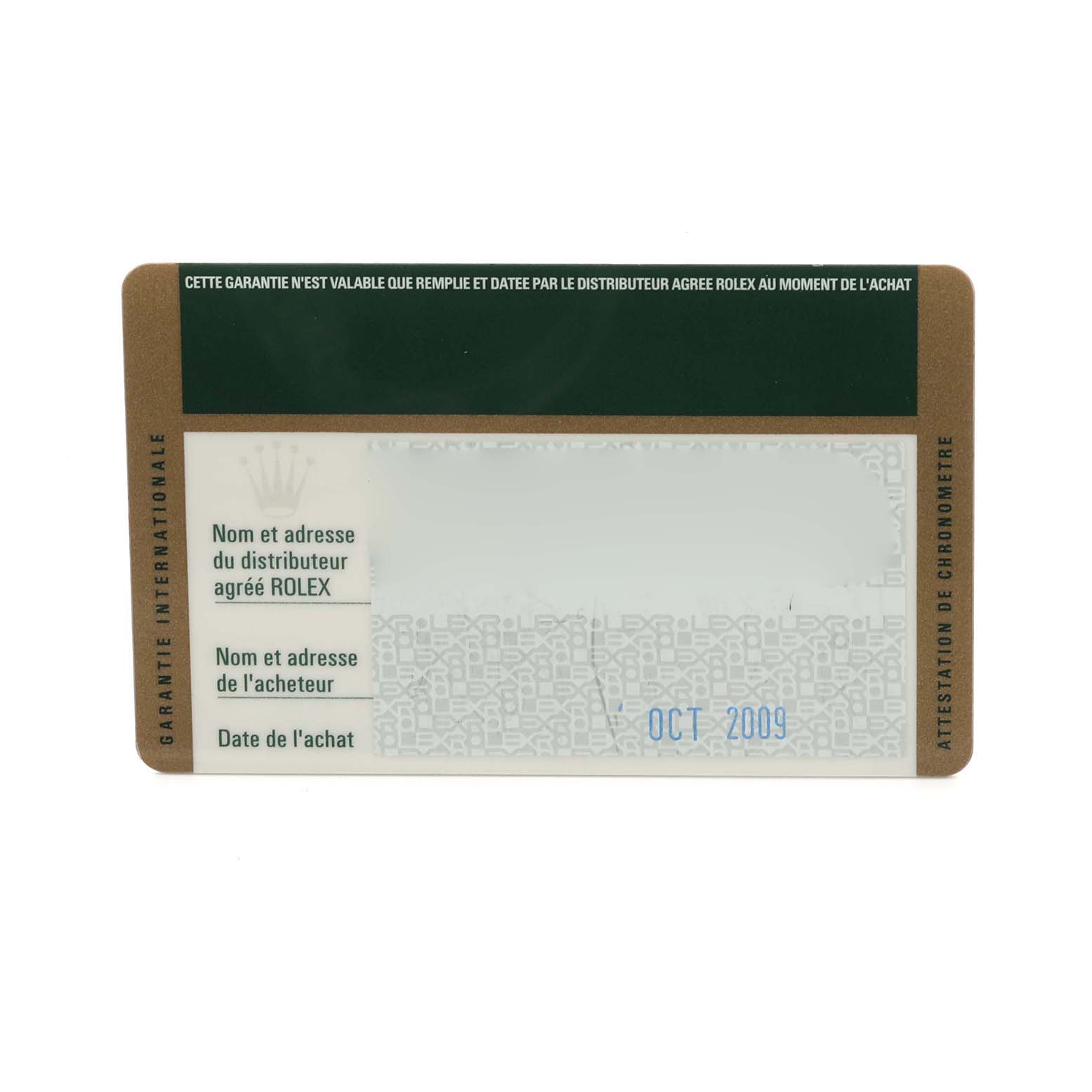 This is a warranty card for the Rolex Daytona 116520 Men
s Stainless Steel White Dial 116520 Men
s Stainless Steel White Dial, showing dealer and buyer information fields.