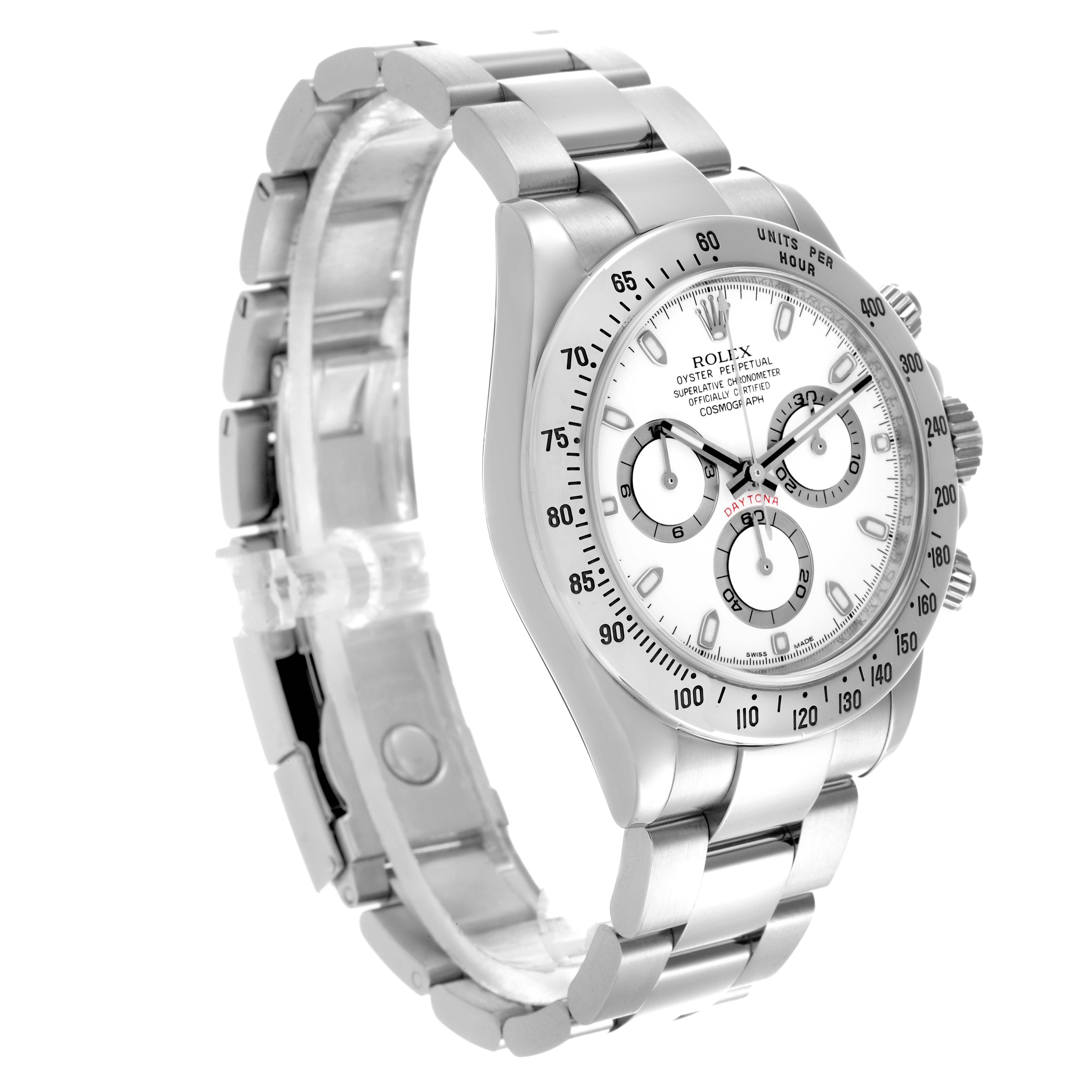 The Daytona by Rolex is shown at a three-quarter angle, highlighting the watch face, bezel, and bracelet.