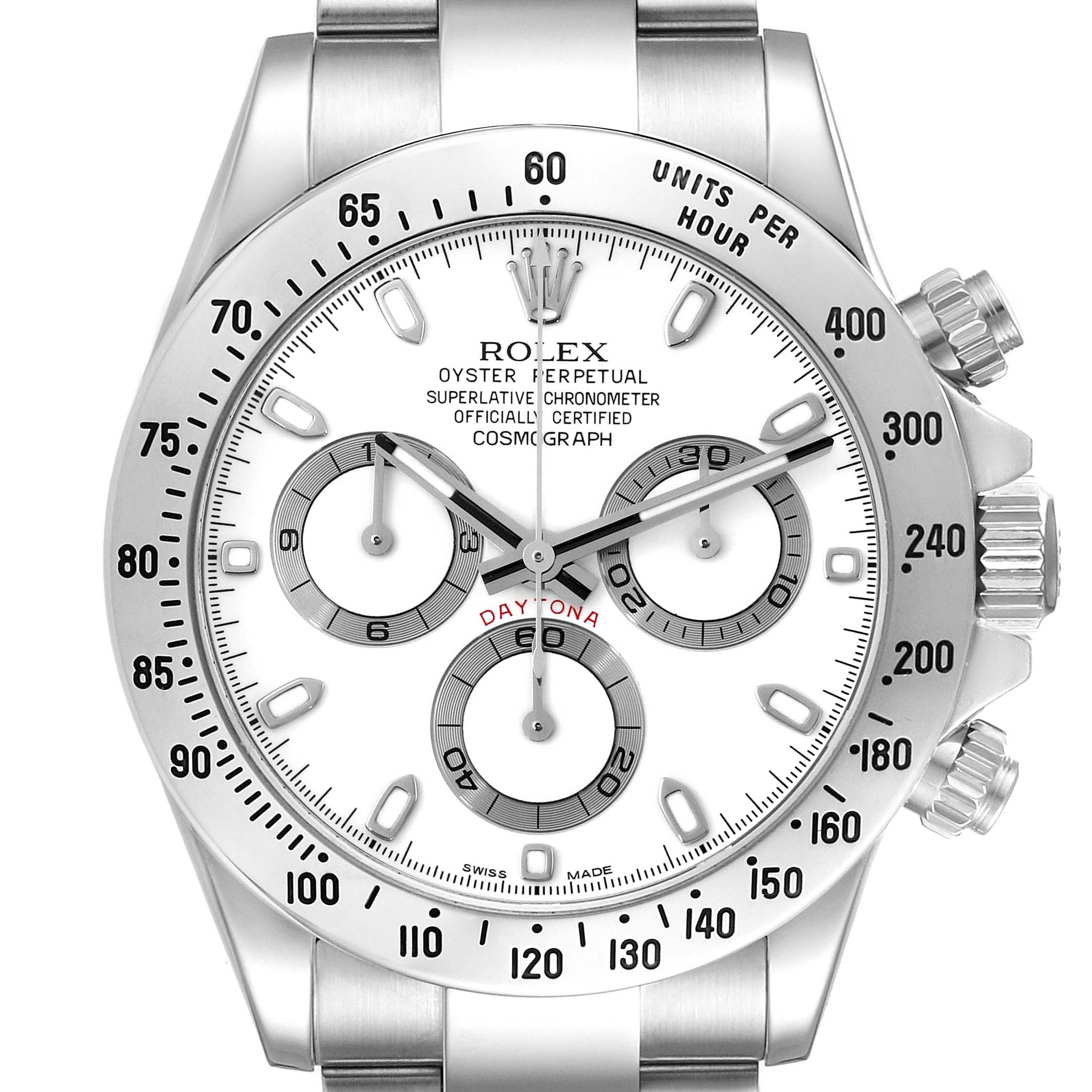 The Rolex Daytona 116520 Men
s Stainless Steel White Dial 116520 Men
s Stainless Steel White Dial watch is shown from a front angle, highlighting the dial, bezel, and pushers.