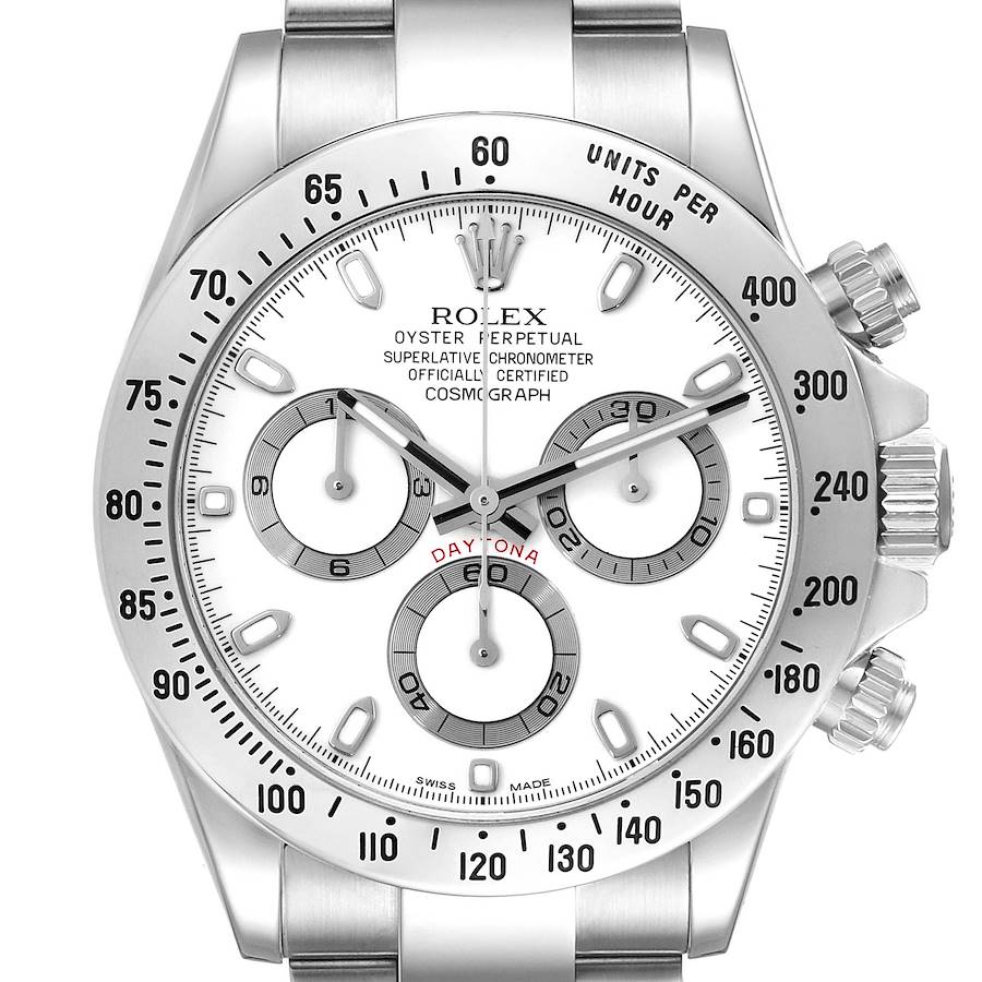 The Rolex Daytona watch is shown from a front angle, highlighting the dial, bezel, and pushers.