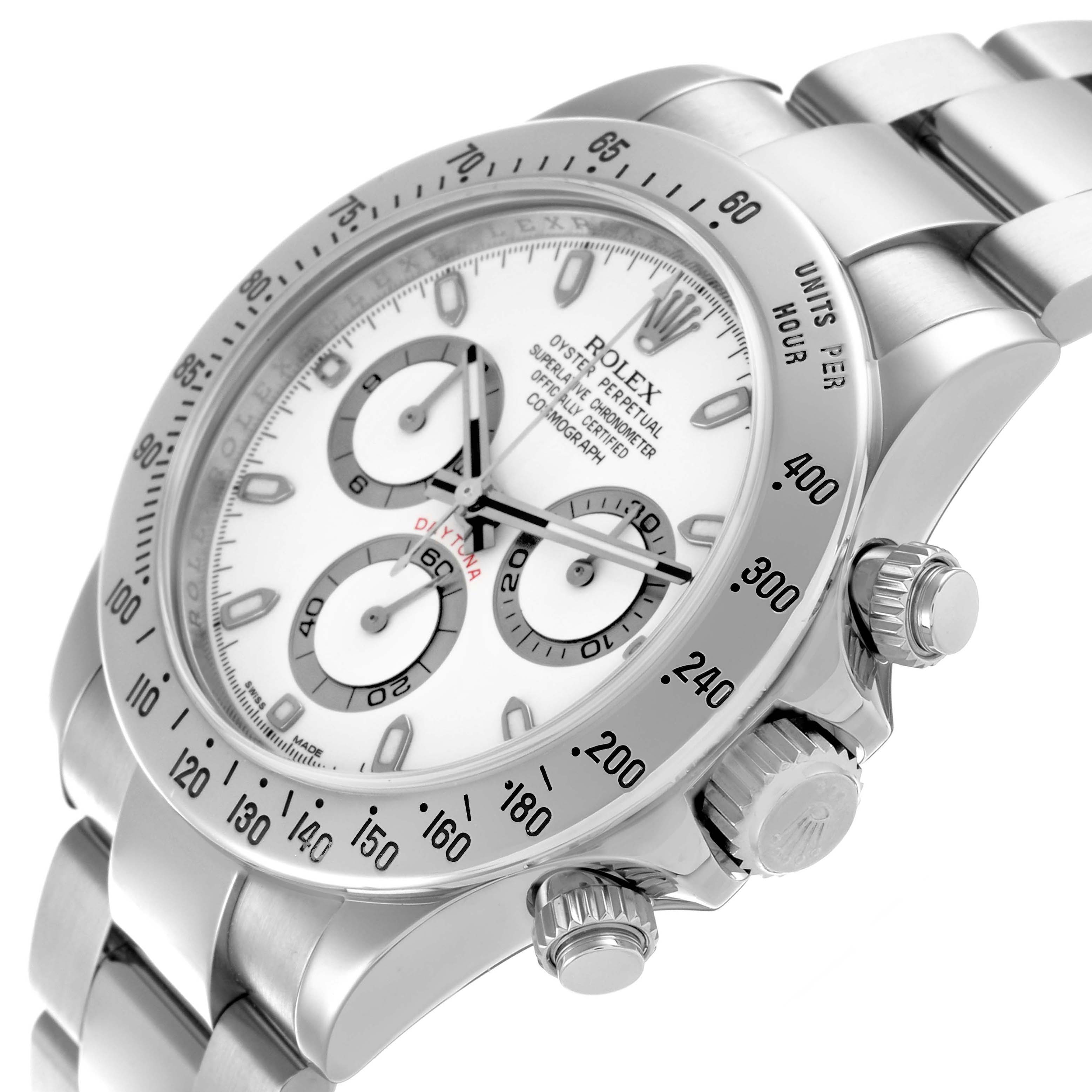 The Rolex Daytona 116520 Men
s Stainless Steel White Dial 116520 Men
s Stainless Steel White Dial watch is shown at an angled side view, highlighting the dial, case, bezel, and stainless steel bracelet.