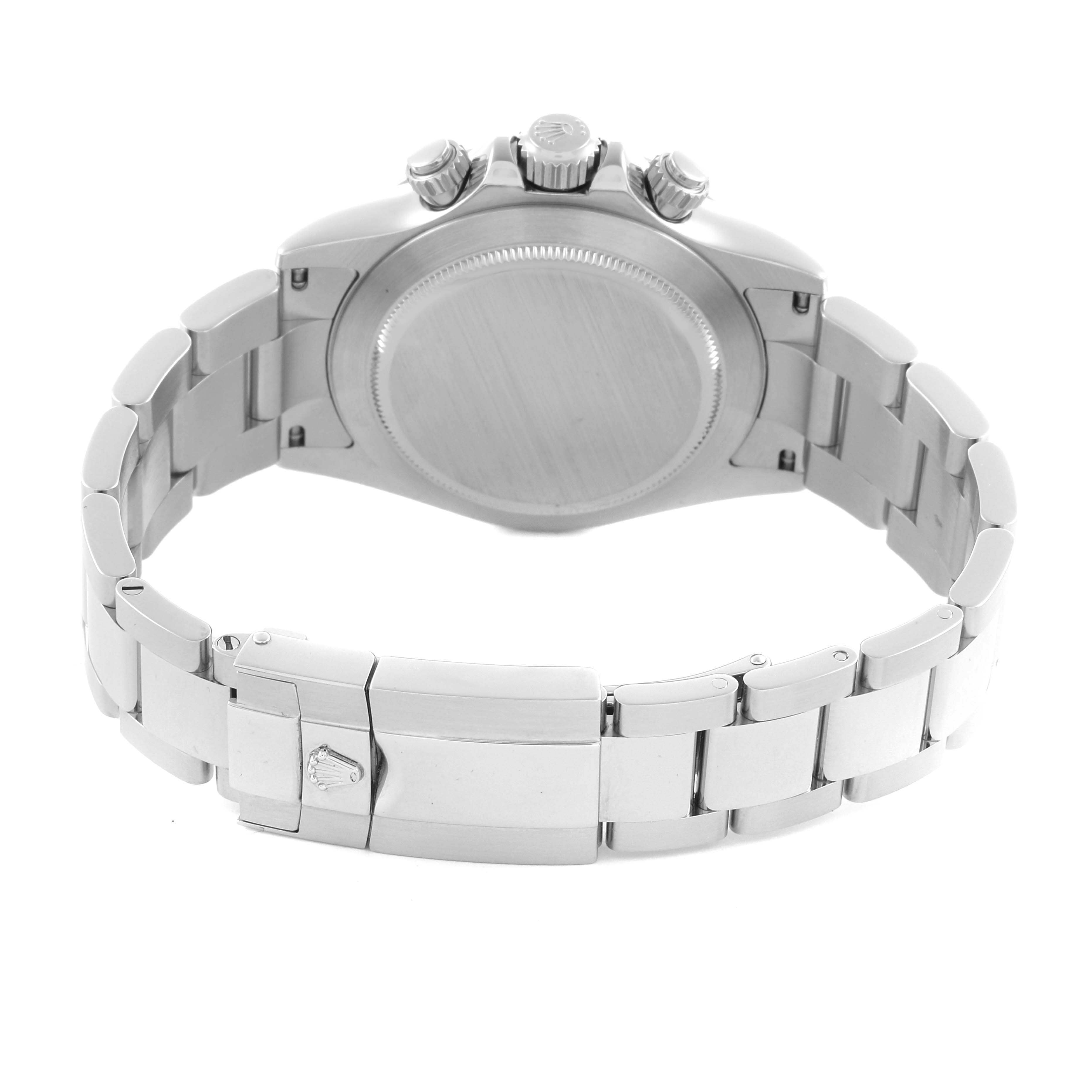 The image shows the back side of a Rolex Daytona 116520 Men
s Stainless Steel White Dial 116520 Men
s Stainless Steel White Dial watch, displaying the bracelet, clasp, and case back.