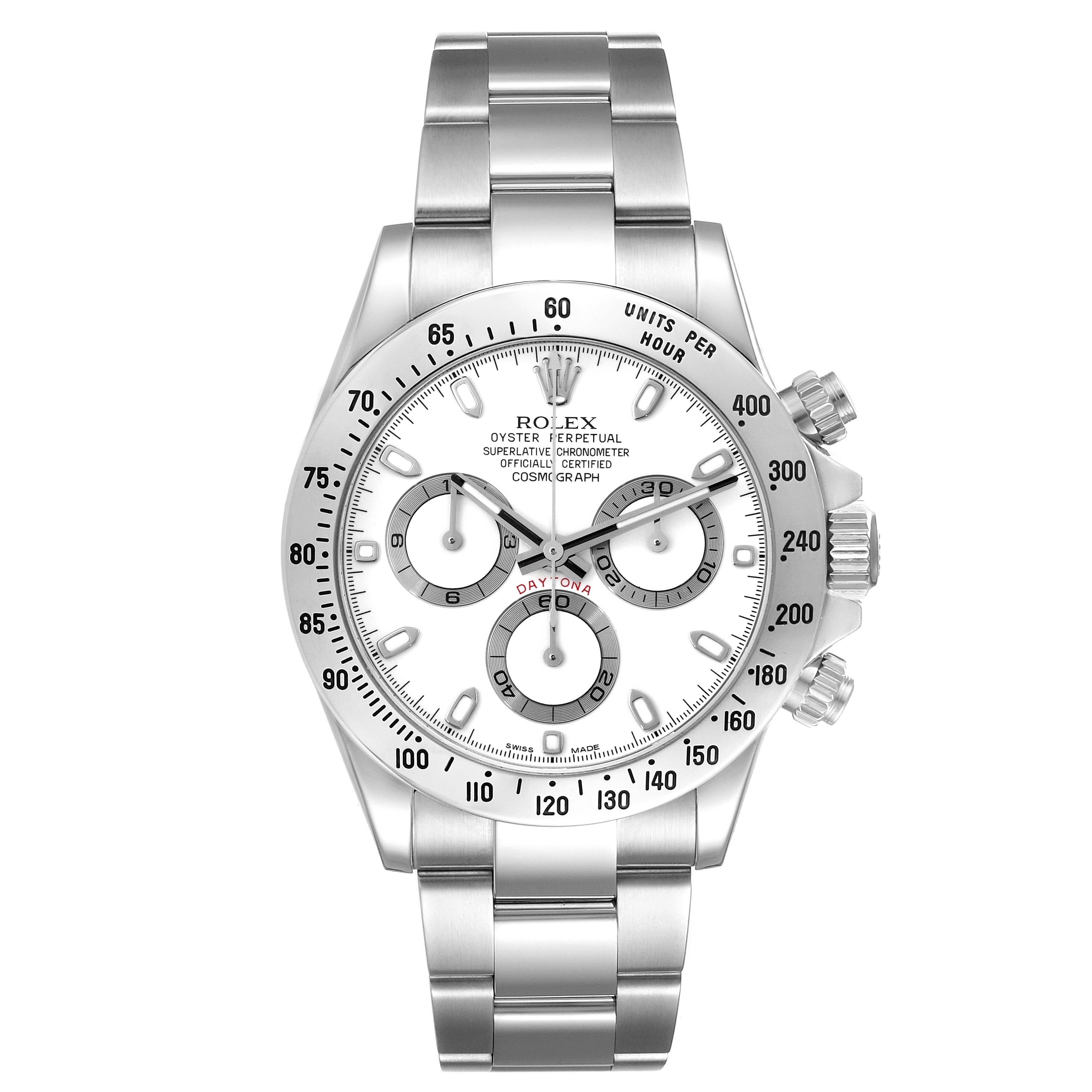 The Rolex Daytona 116520 Men
s Stainless Steel White Dial 116520 Men
s Stainless Steel White Dial watch is shown from a front angle, displaying its face, bezel, crown, and full bracelet.