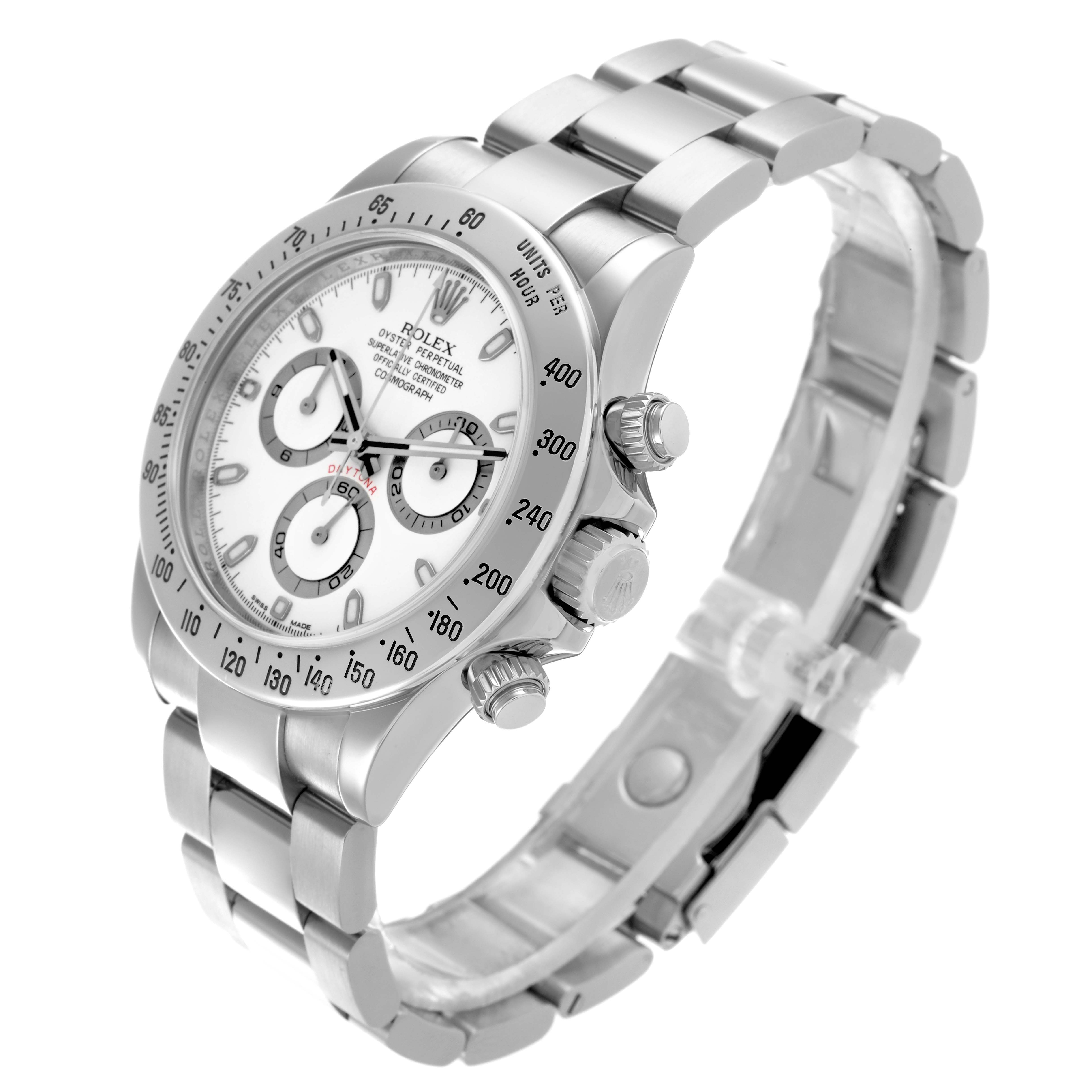 The Rolex Daytona 116520 Men
s Stainless Steel White Dial 116520 Men
s Stainless Steel White Dial watch is shown at an angle highlighting its face, bezel, pushers, crown, and part of the bracelet.